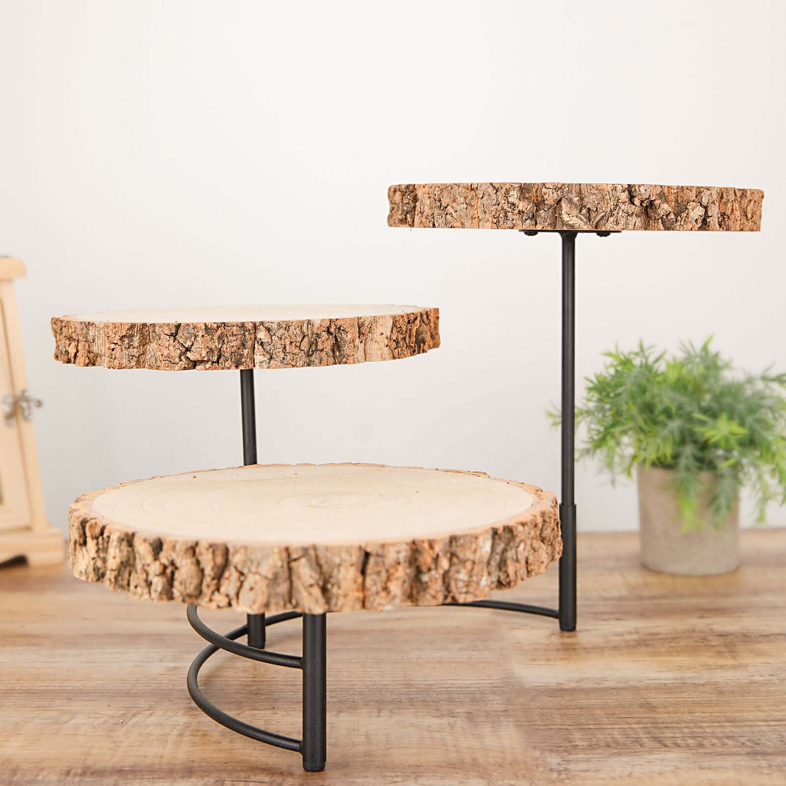 3-Tier Wooden Cheese Board Stand Half Moon Wood Slice Design - Rustic Cupcake Centerpiece 12" Tall