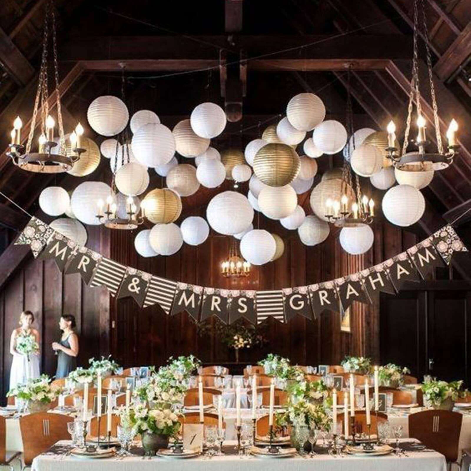 Set of 6 Silver Hanging Paper Lanterns, Chinese Sky Lanterns, Assorted Sizes - 16", 20", 24"