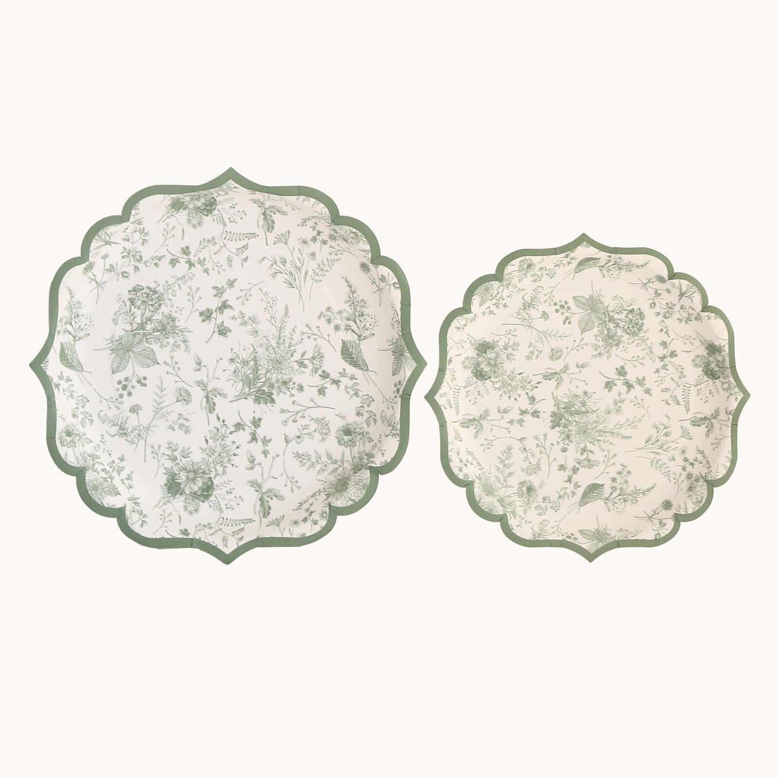 25-Pack Paper 8" Round Dessert Plates in White with Sage Green French Toile Design & Scalloped Rim - Disposable 300GSM Salad Appetizer Plates for Stylish Table Decor