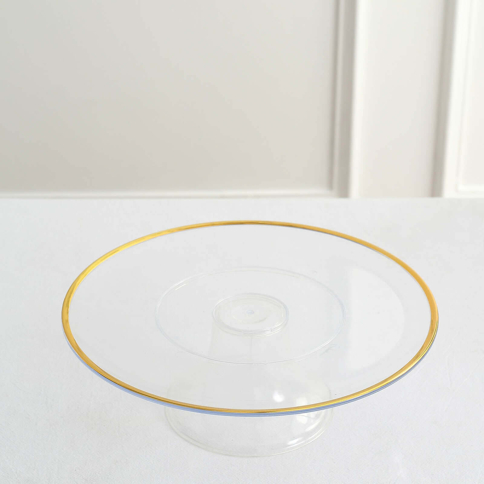 2-Pack Plastic Pedestal Cake Stands 12"Clear with Gold Rim - Classy Reusable Cupcake Dessert Display Riser for Home & Event Use