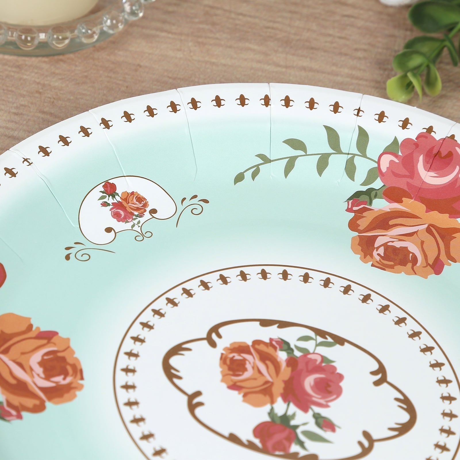 25-Pack Paper 9" Round Dinner Plates in Turquoise with Vintage Rose Flower Print - Disposable Plates for High Tea Gatherings & Romantic Celebrations
