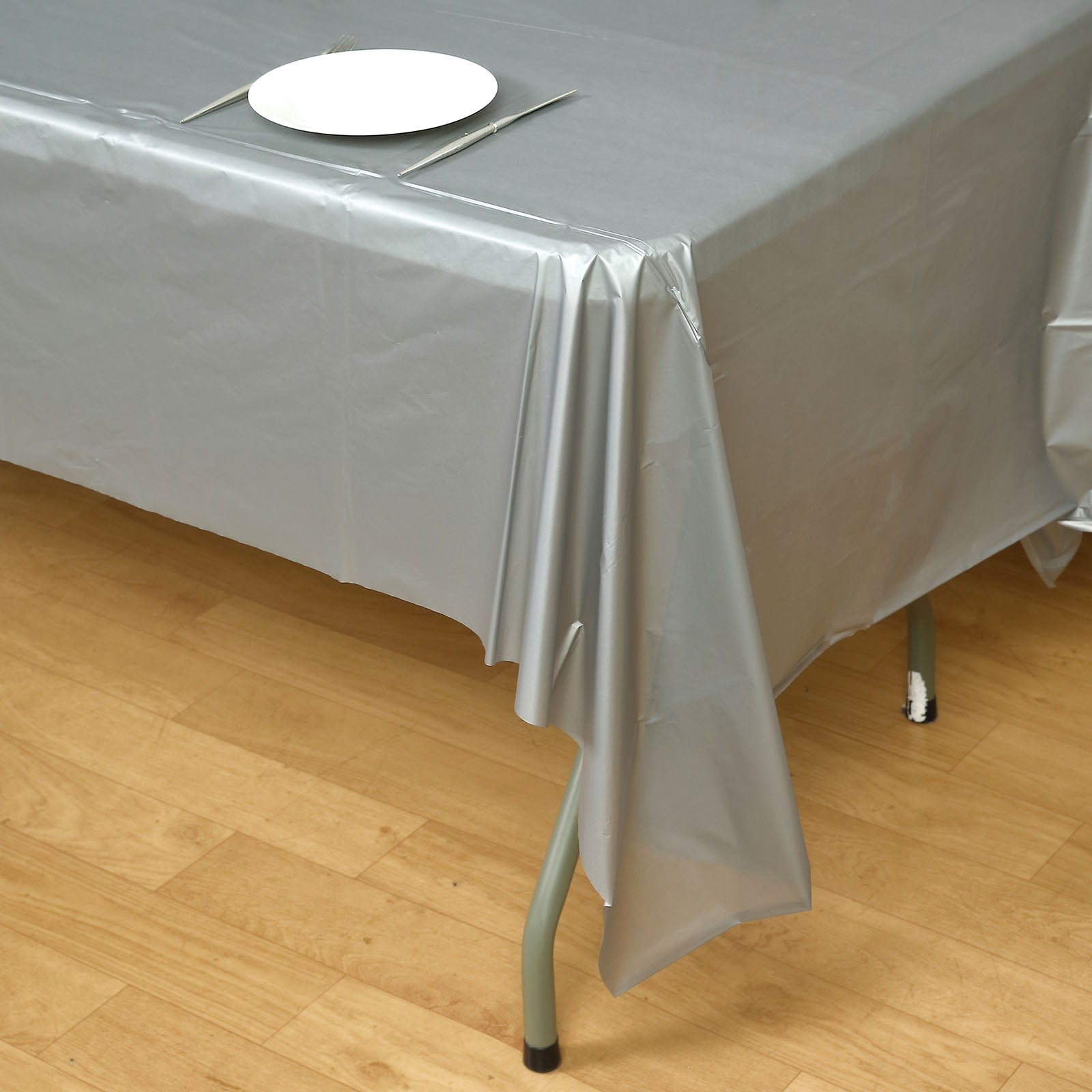 Silver Rectangle Plastic Table Cover, 54"x108" PVC Waterproof Disposable Tablecloth