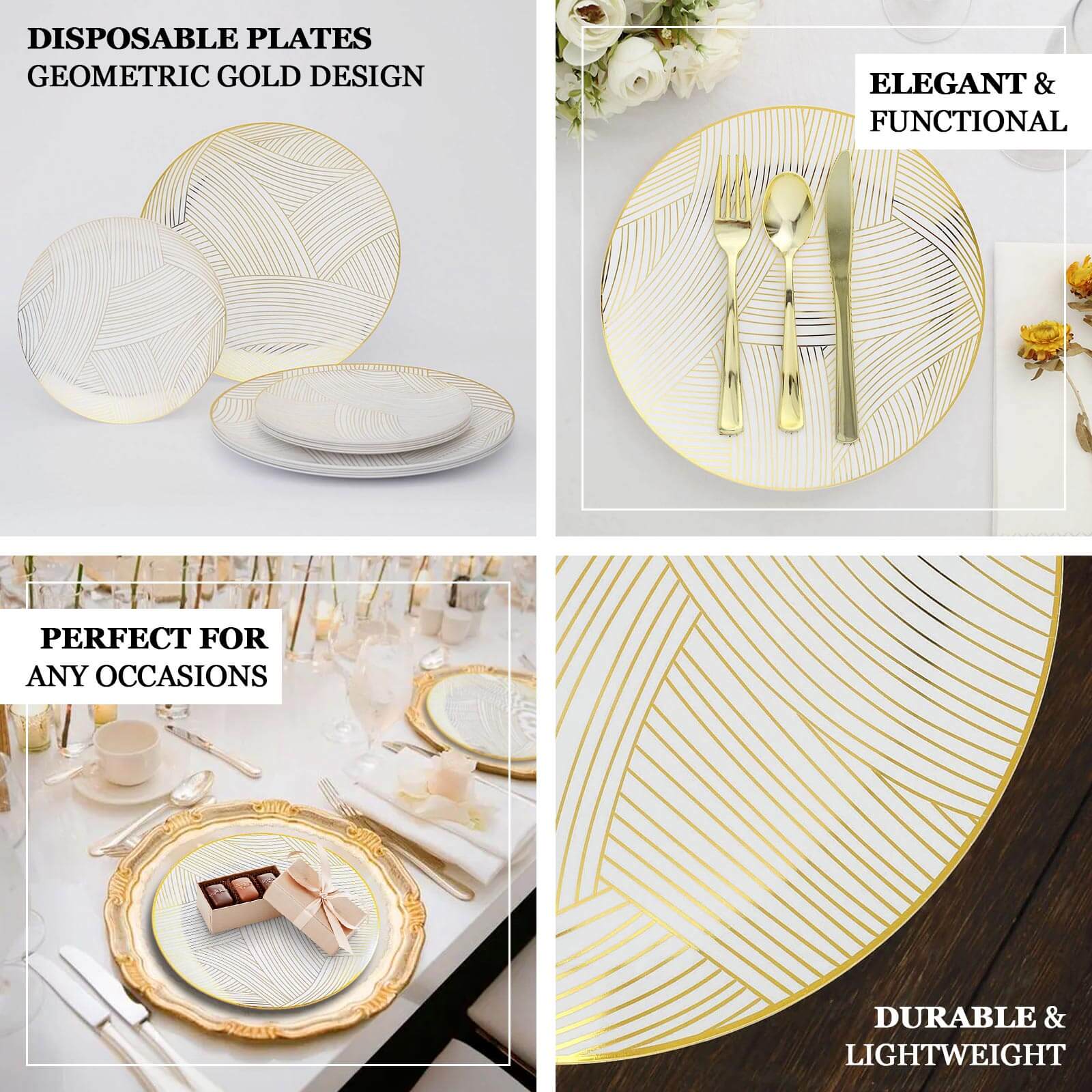 10-Pack Plastic 7" Round Dessert Plates in White with Gold Wave Brush Strokes Pattern - Disposable Appetizer Salad Plates for Modern & Classy Table Decor