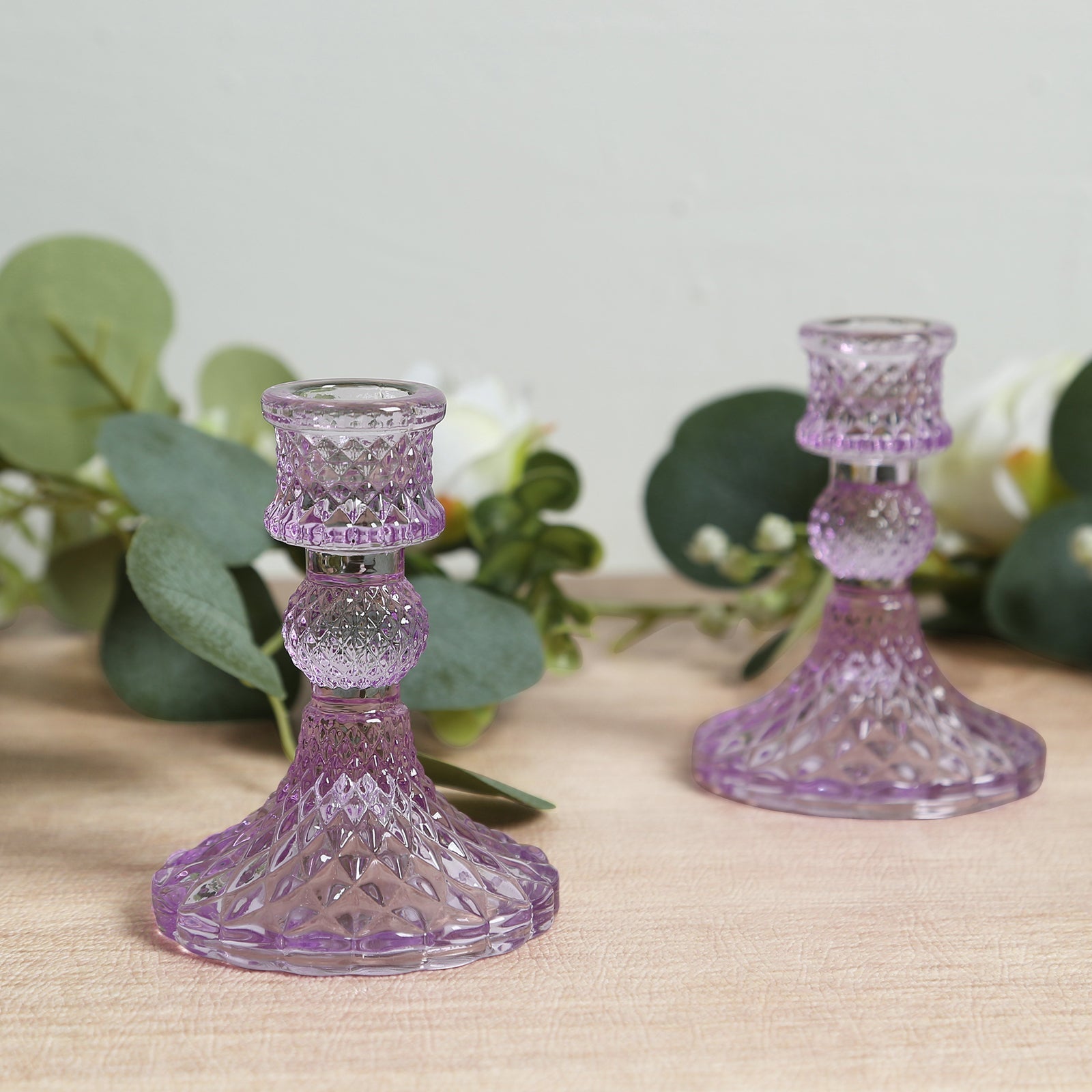 6-Pack Glass Taper Candlestick Holders Diamond Pattern Design Lavender Lilac - Reversible Crystal Pillar Votive Stands 4"