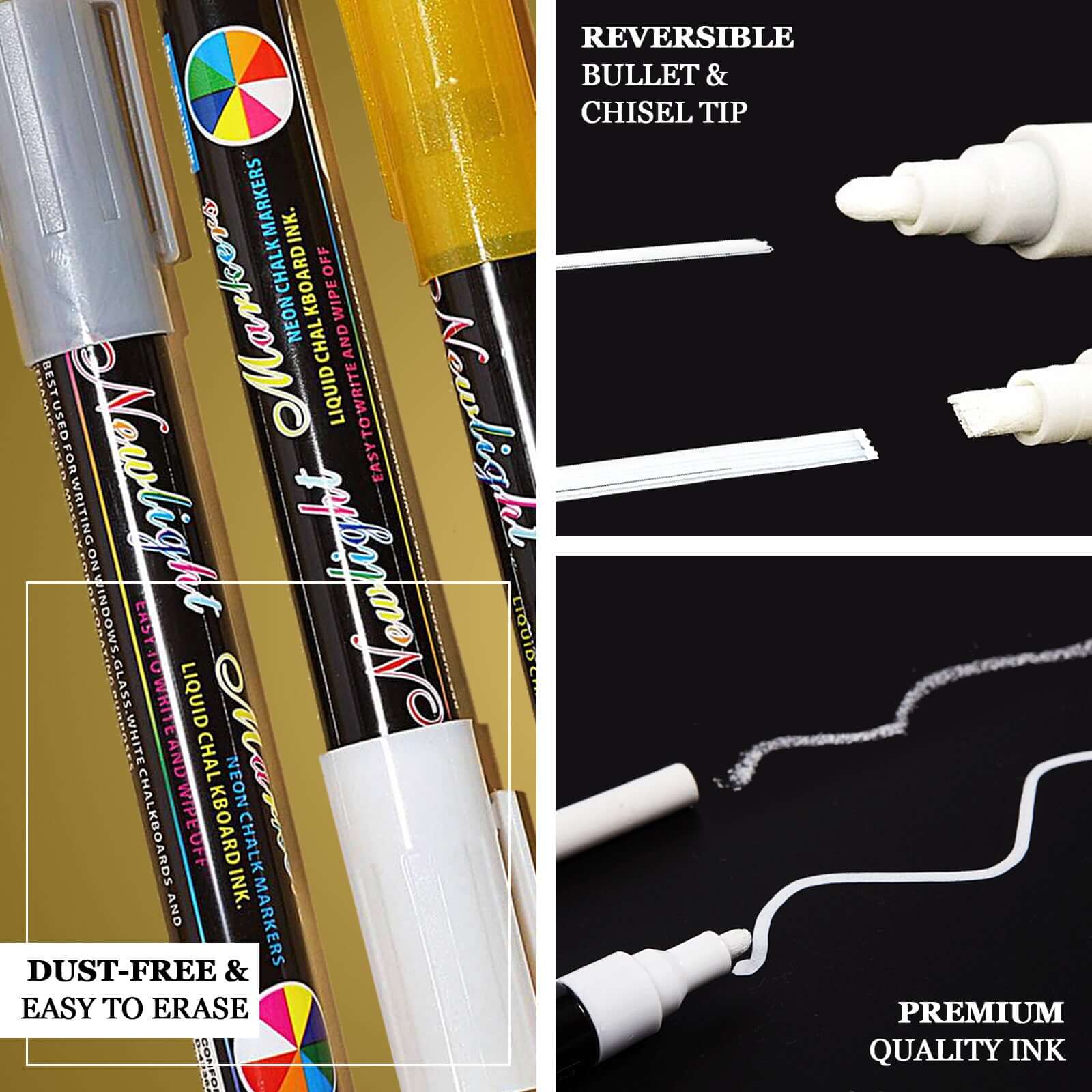 3-Pack Liquid Chalk Marker Point Pens, Reversible Bullet and Chisel Tip For Blackboard, Chalkboard, Windows 5mm