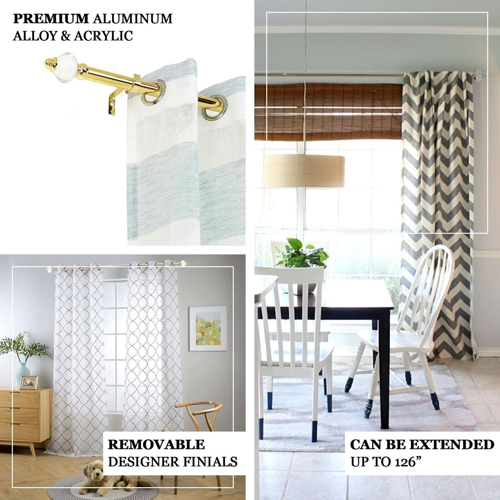 42"-126" Adjustable Metal Curtain Rod Set, Gold, Acrylic Designer Finials