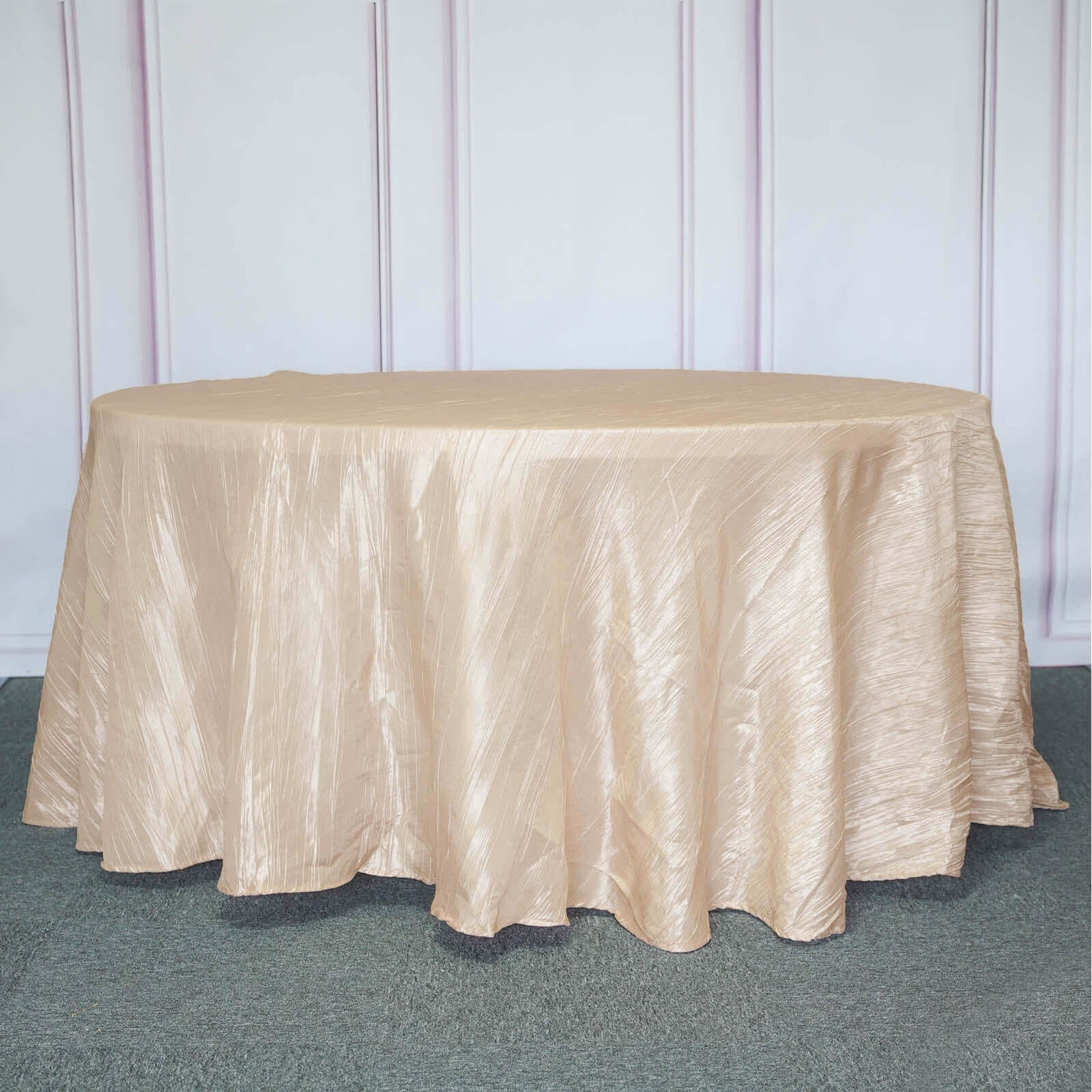 Taffeta 120" Round Tablecloth Beige - Seamless Accordion Crinkle Table Cover
