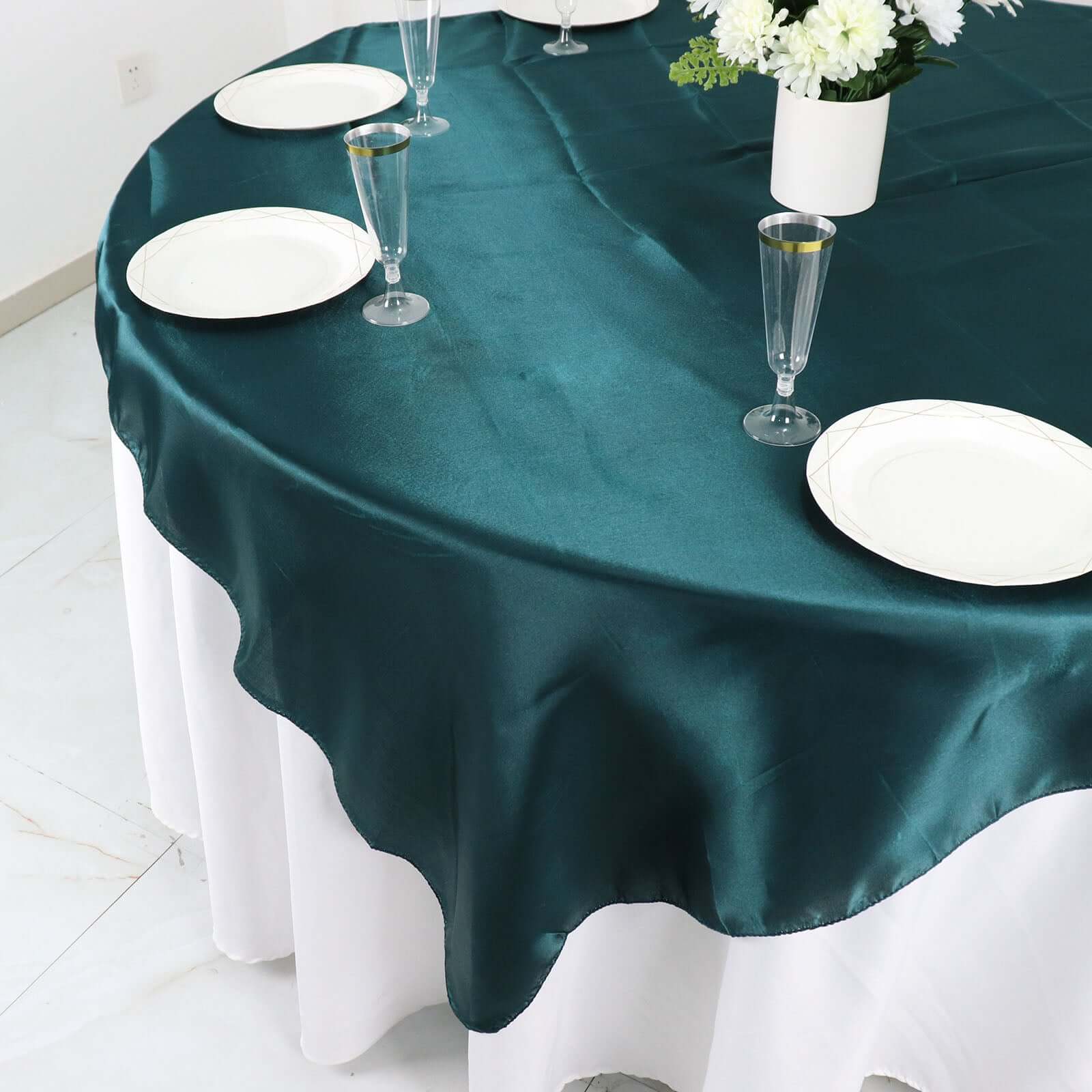 Satin 60"x60" Table Overlay Square Tablecloth Peacock Teal - Smooth Silky Touch Table Cover