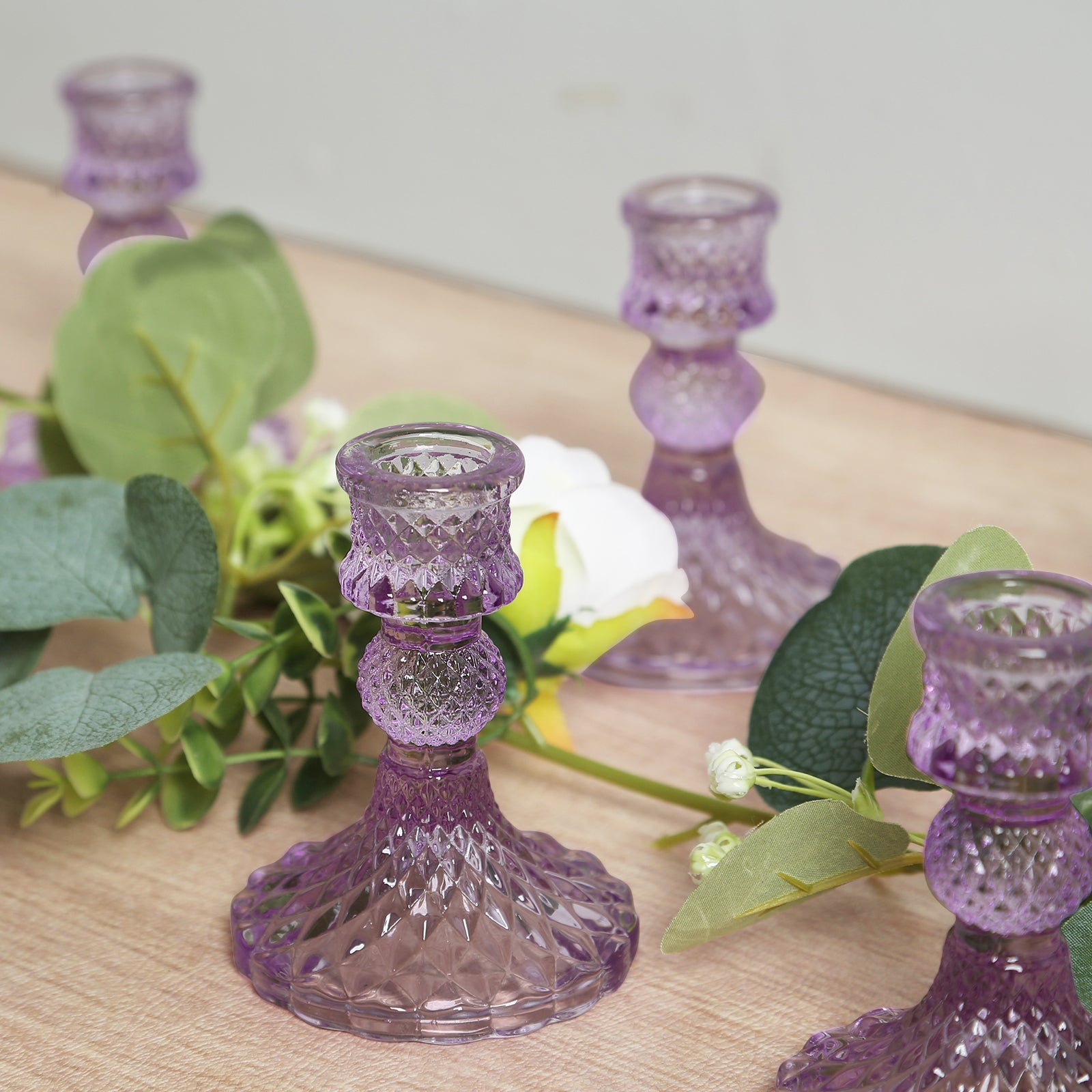 6-Pack Glass Taper Candlestick Holders Diamond Pattern Design Lavender Lilac - Reversible Crystal Pillar Votive Stands 4"