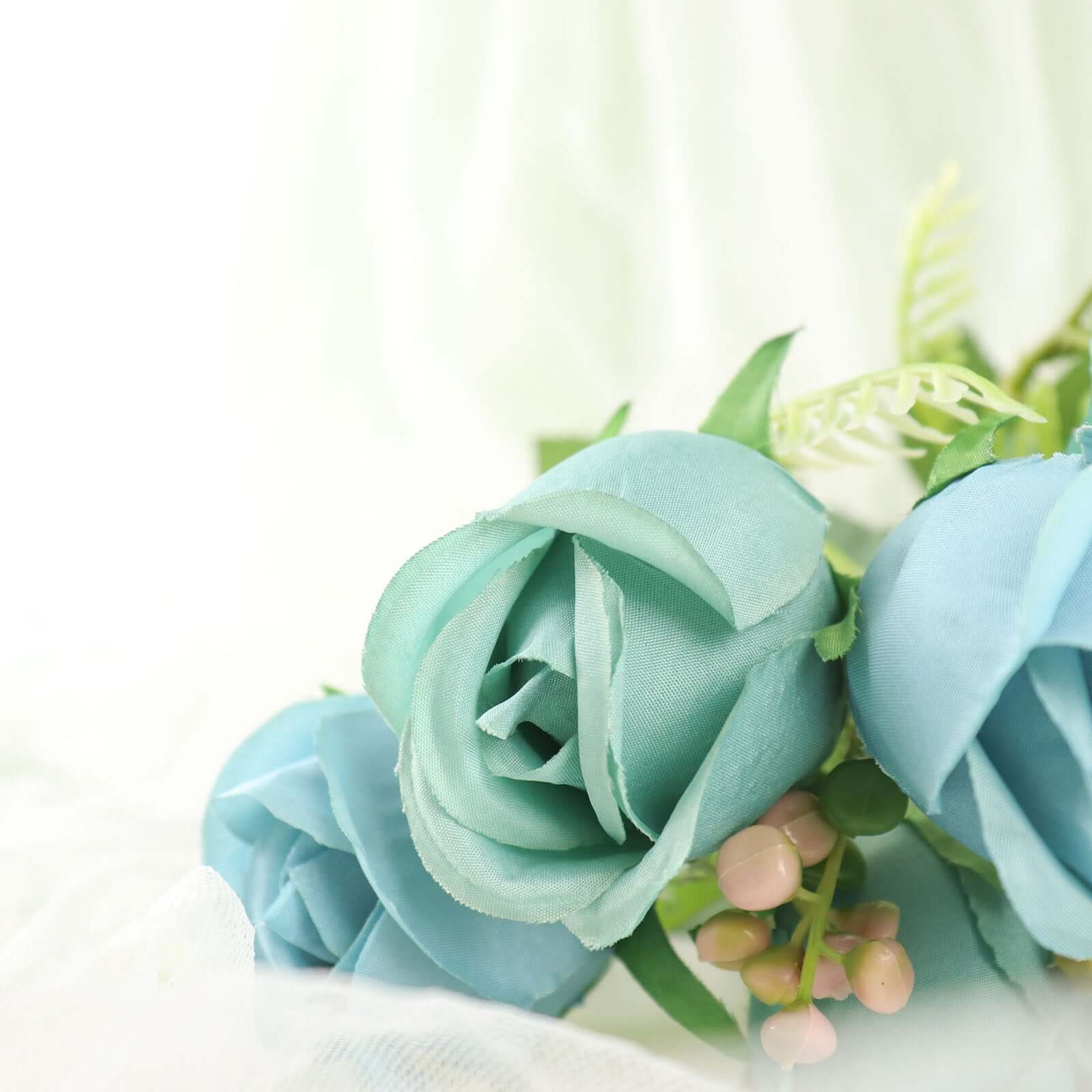 3 Pack 13" Dusty Blue Real Touch Silk Rose Bud Flower Bridal Bouquets, Artificial Floral Bush Arrangements