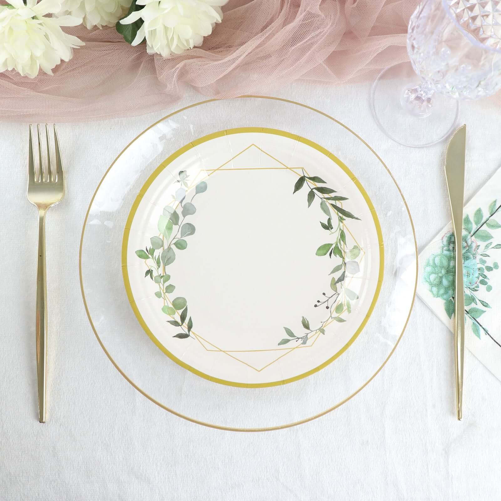 24-Pack Paper 7" Round Dessert Plates in White with Eucalyptus Leaves & Gold Rim - Disposable 300GSM Salad Plates for Garden Weddings & Celebrations