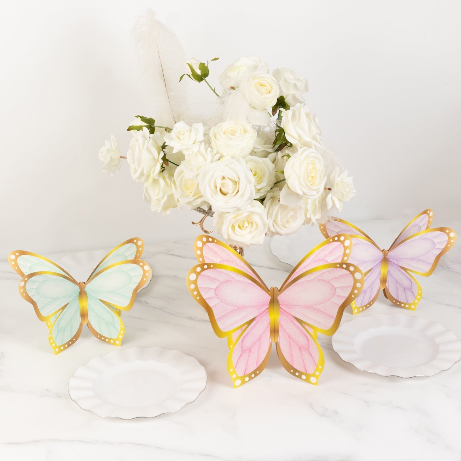 12 Pcs Cardstock Paper 3D Butterfly Table Centerpieces, Metallic Gold Foil Accents Pastel Color Party Decorations 10", 12"