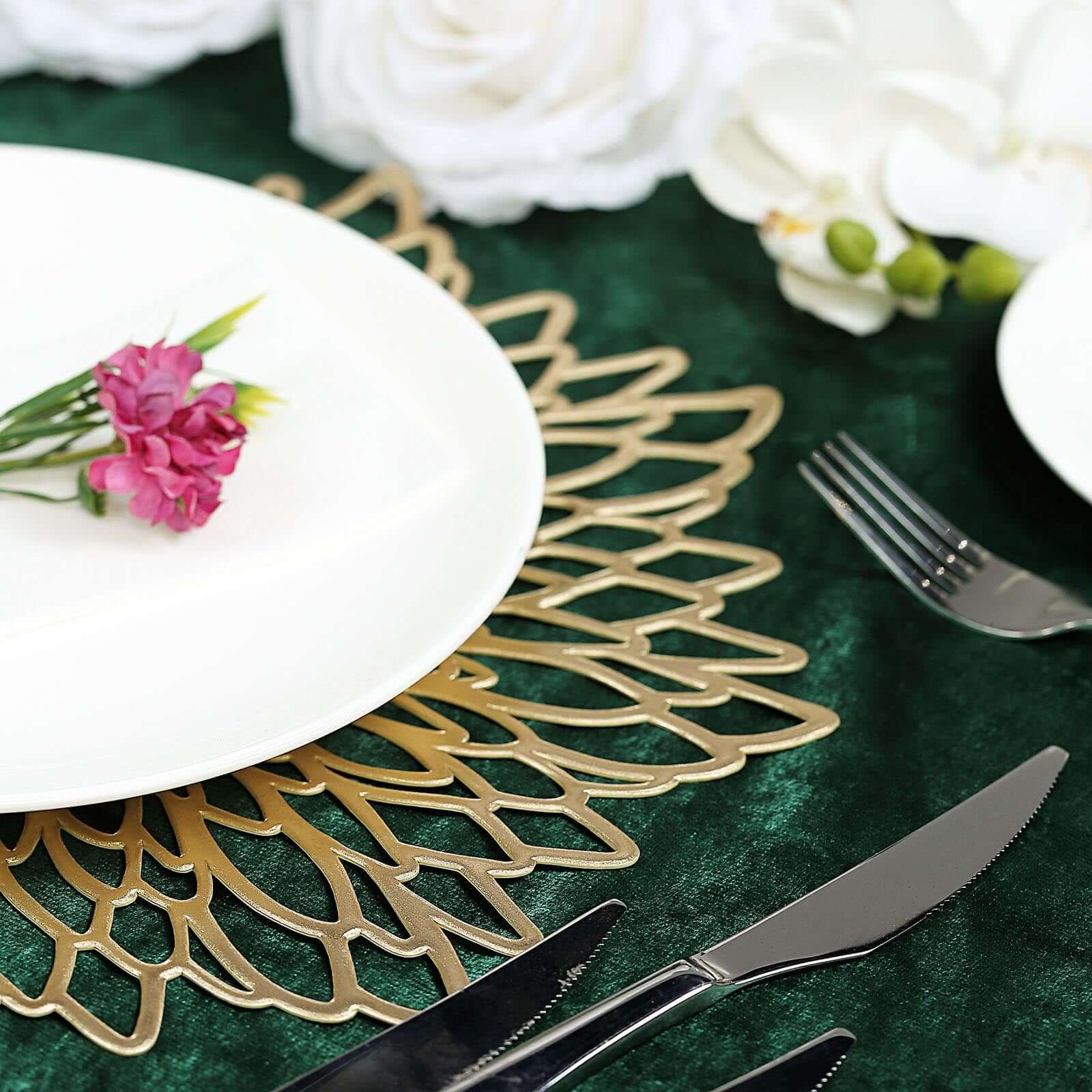 6-Pack Dining Table Mats Floral Design Gold - Metallic Vinyl Round Non-Slip Mats for Tables 15"