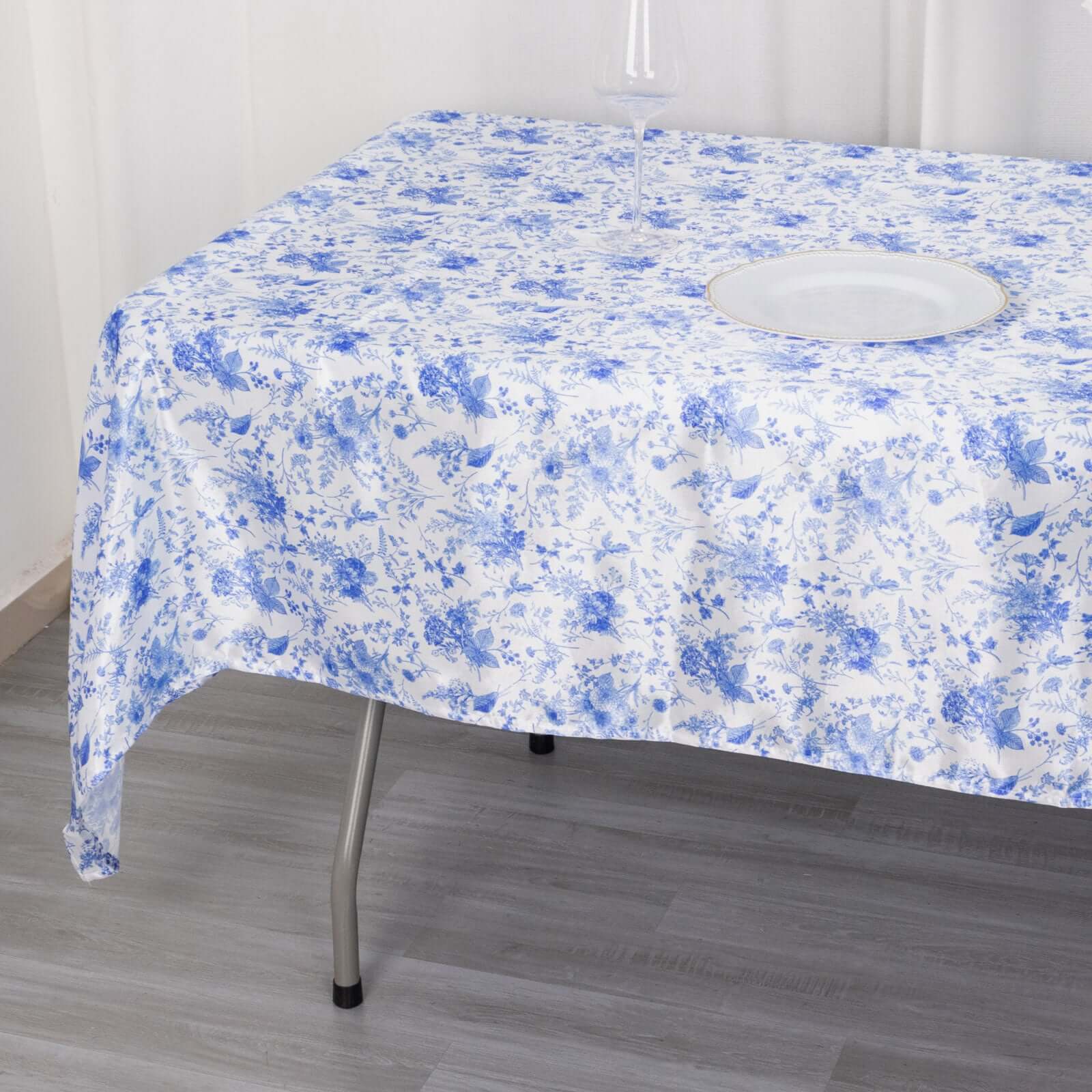 Satin Round 60"x102" Tablecloth White/Blue French Toile Design - Stylish & Wrinkle-Resistant Table Cover