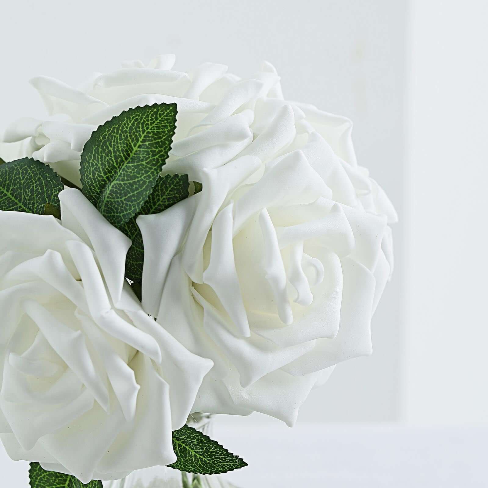 24 Roses 5" White Artificial Foam Flowers With Stem Wire and Leaves