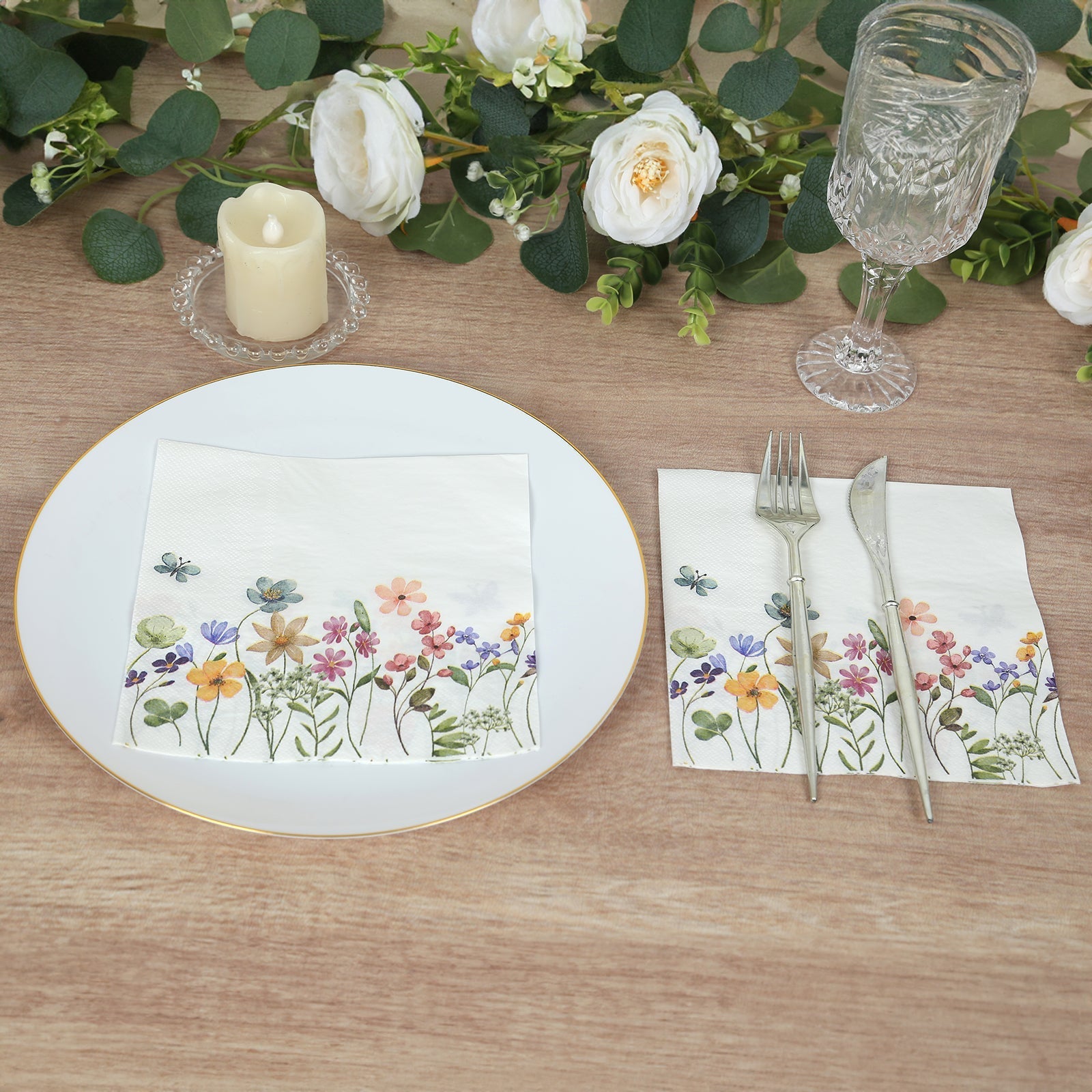 50-Pack Paper Cocktail Napkins with Wildflower Butterfly Design - Disposable 2 Ply Beverage Napkins for Parties 6.5"x6.5"
