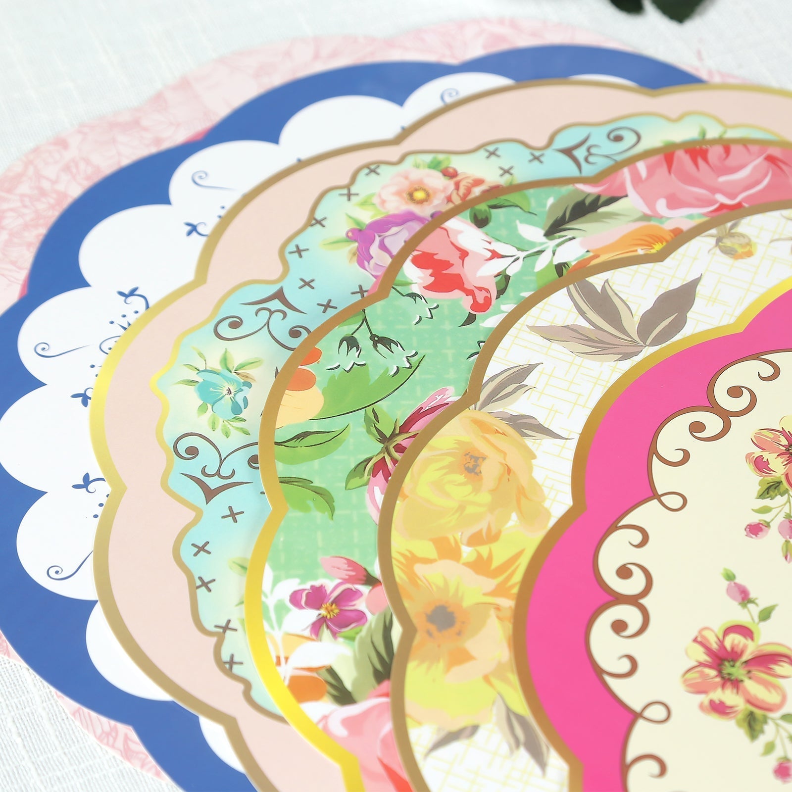 24-Pack Disposable Table Placemats in Assorted Floral Designs with Scalloped Rim - 400GSM Cardboard Placemats for Tea Party & Garden Themes 13"