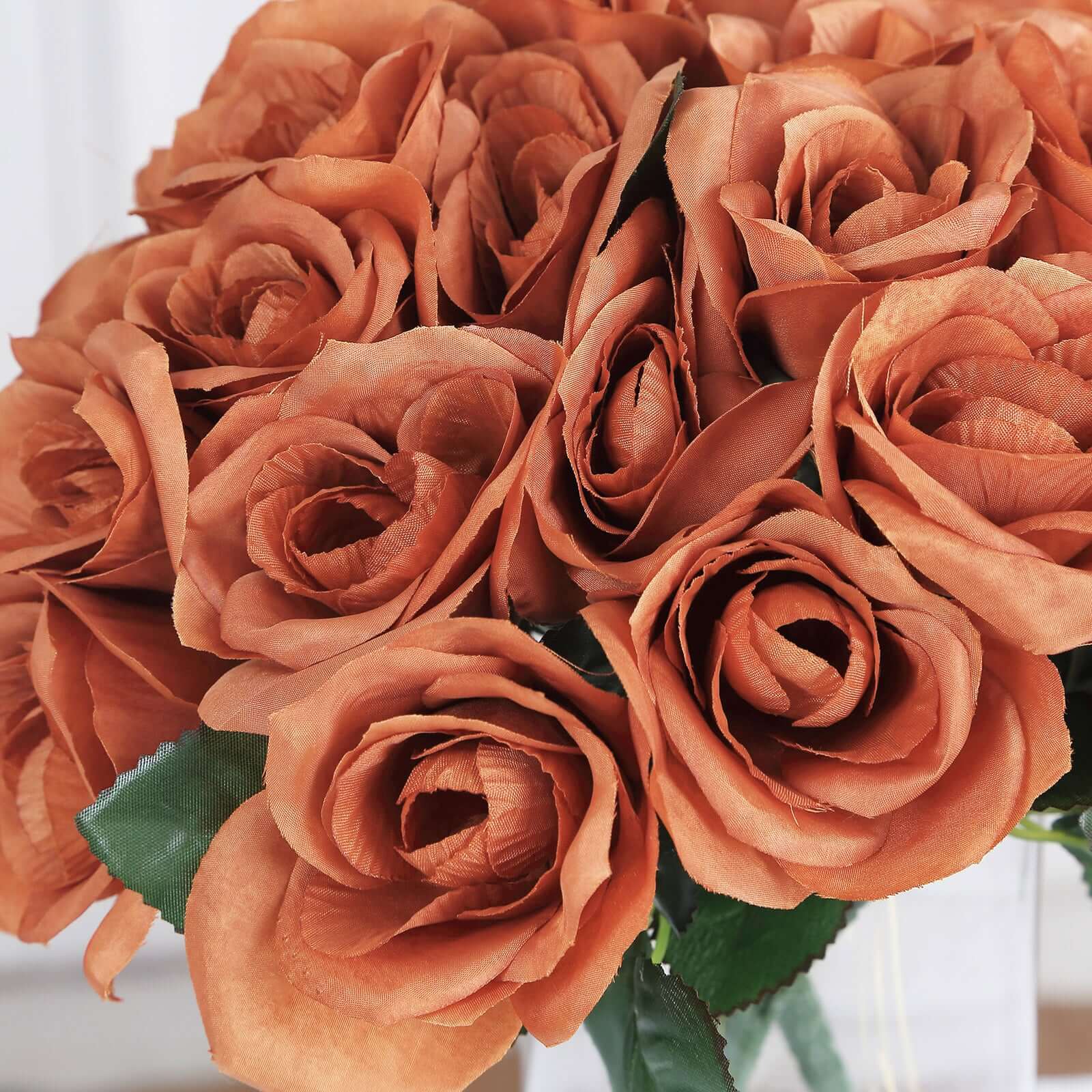 12" Terracotta (Rust) Artificial Velvet-Like Fabric Rose Flower Bouquet Bush