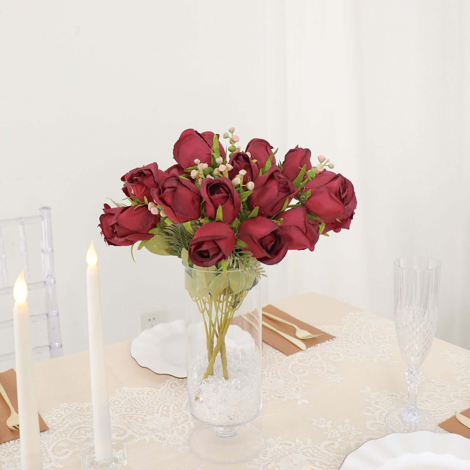 3 Pack 13" Burgundy Real Touch Silk Rose Bud Flower Bridal Bouquets, Artificial Floral Bush Arrangements