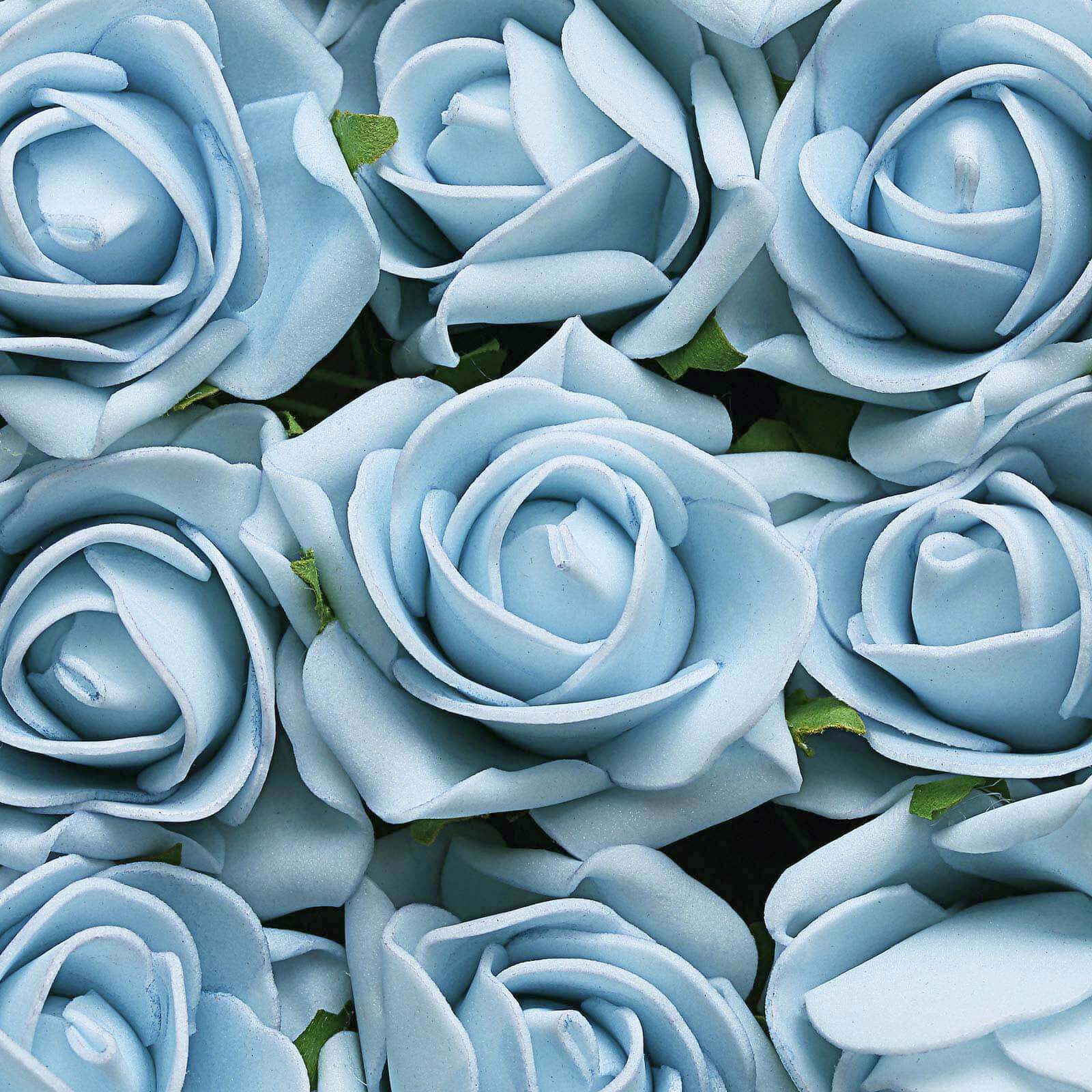 24 Roses 2" Dusty Blue Artificial Foam Flowers With Stem Wire and Leaves