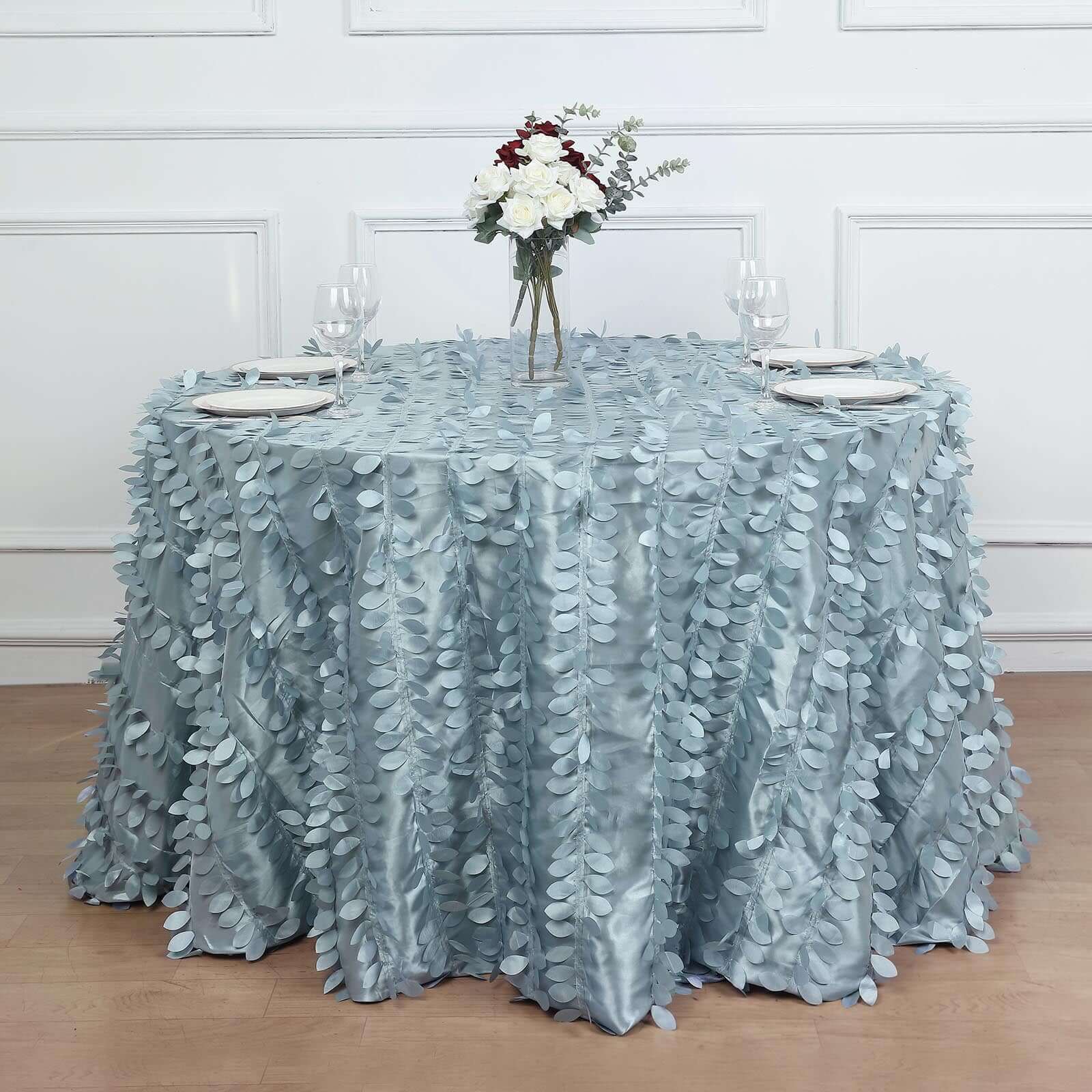 Taffeta 120" Round Tablecloth Dusty Blue | 3D Leaf Petal Design Seamless Table Cover