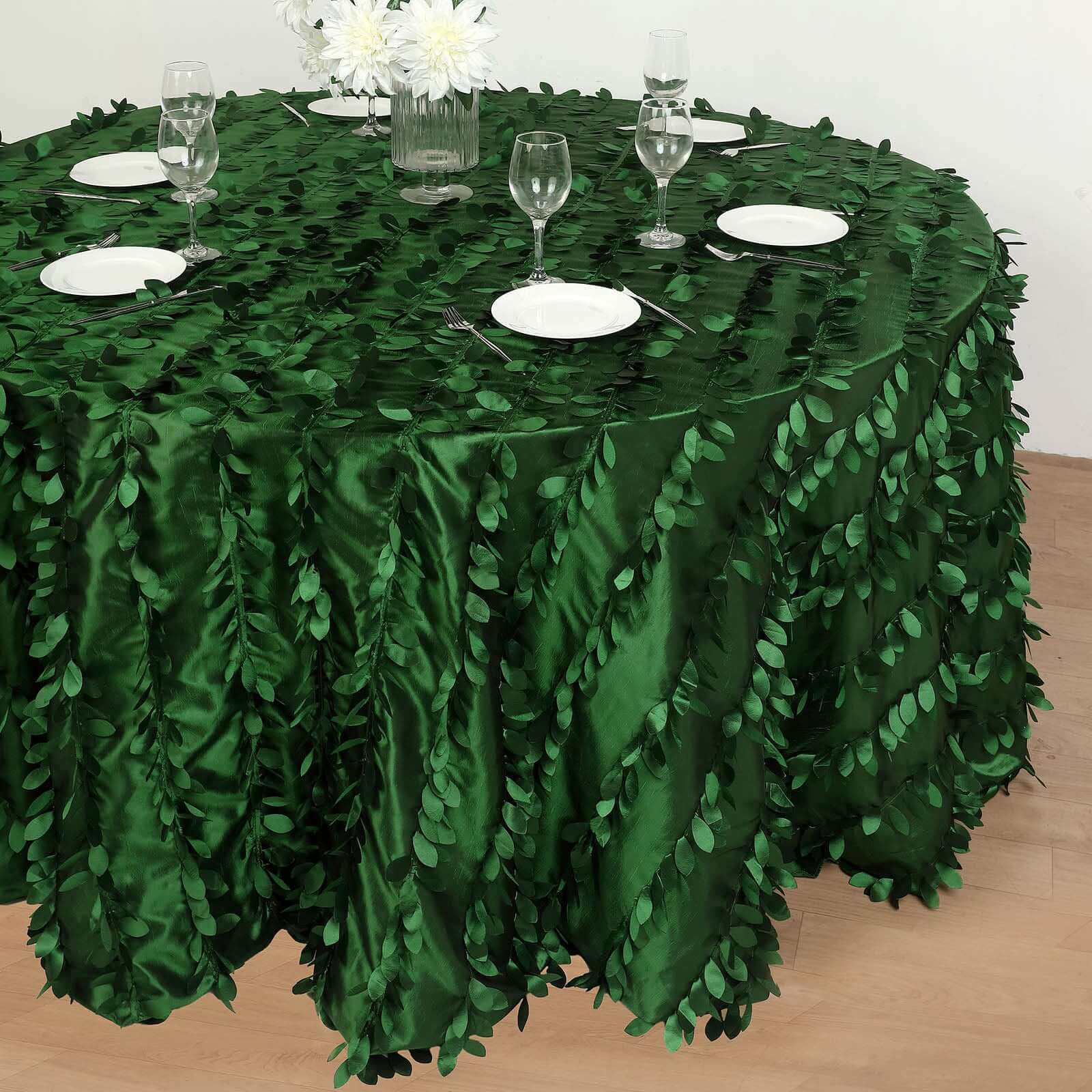 Taffeta 132" Round Tablecloth Green Leaf | 3D Leaf Petal Design Seamless Table Cover
