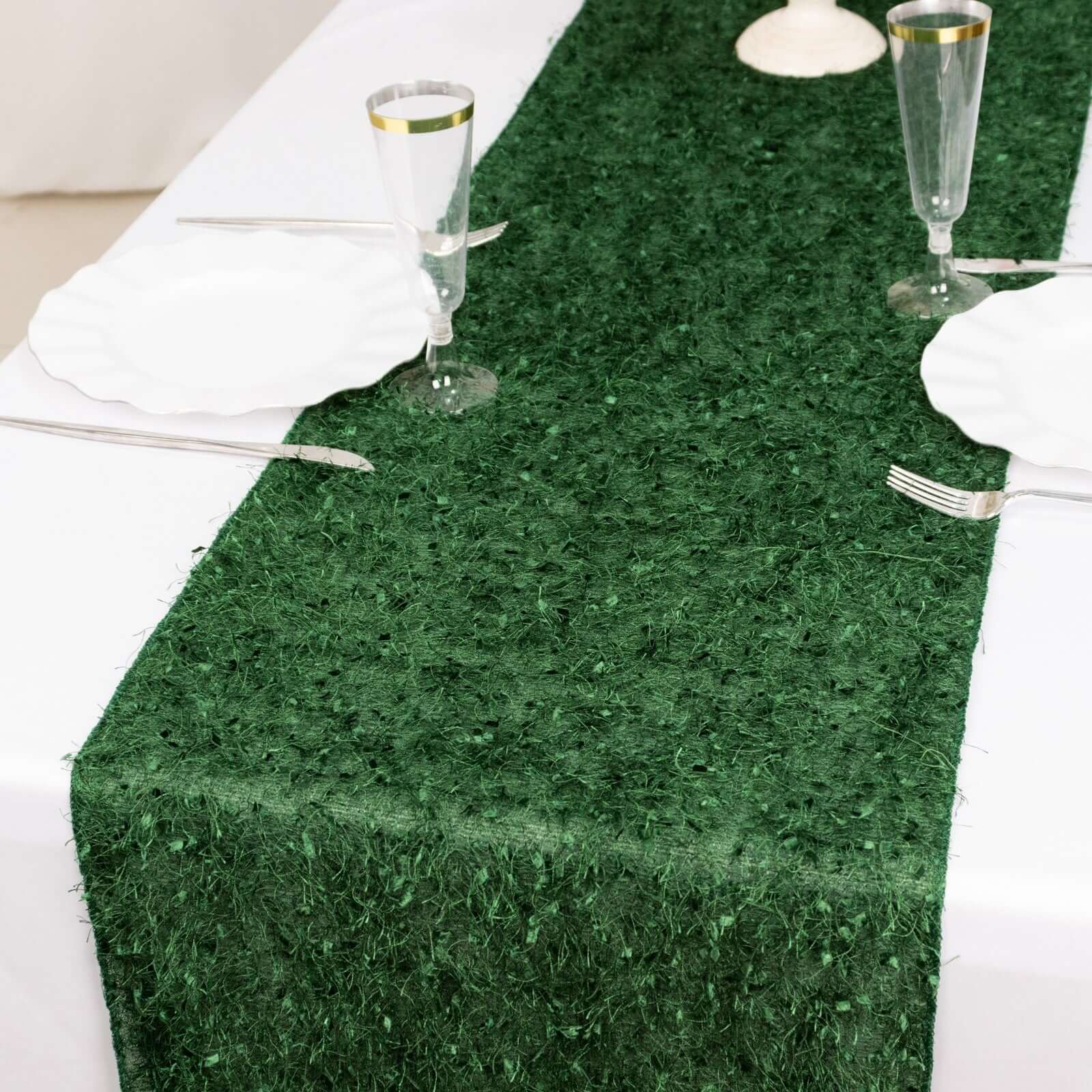 Polyester 12"x108" Table Runner Green - Fringe Shag Table Decor