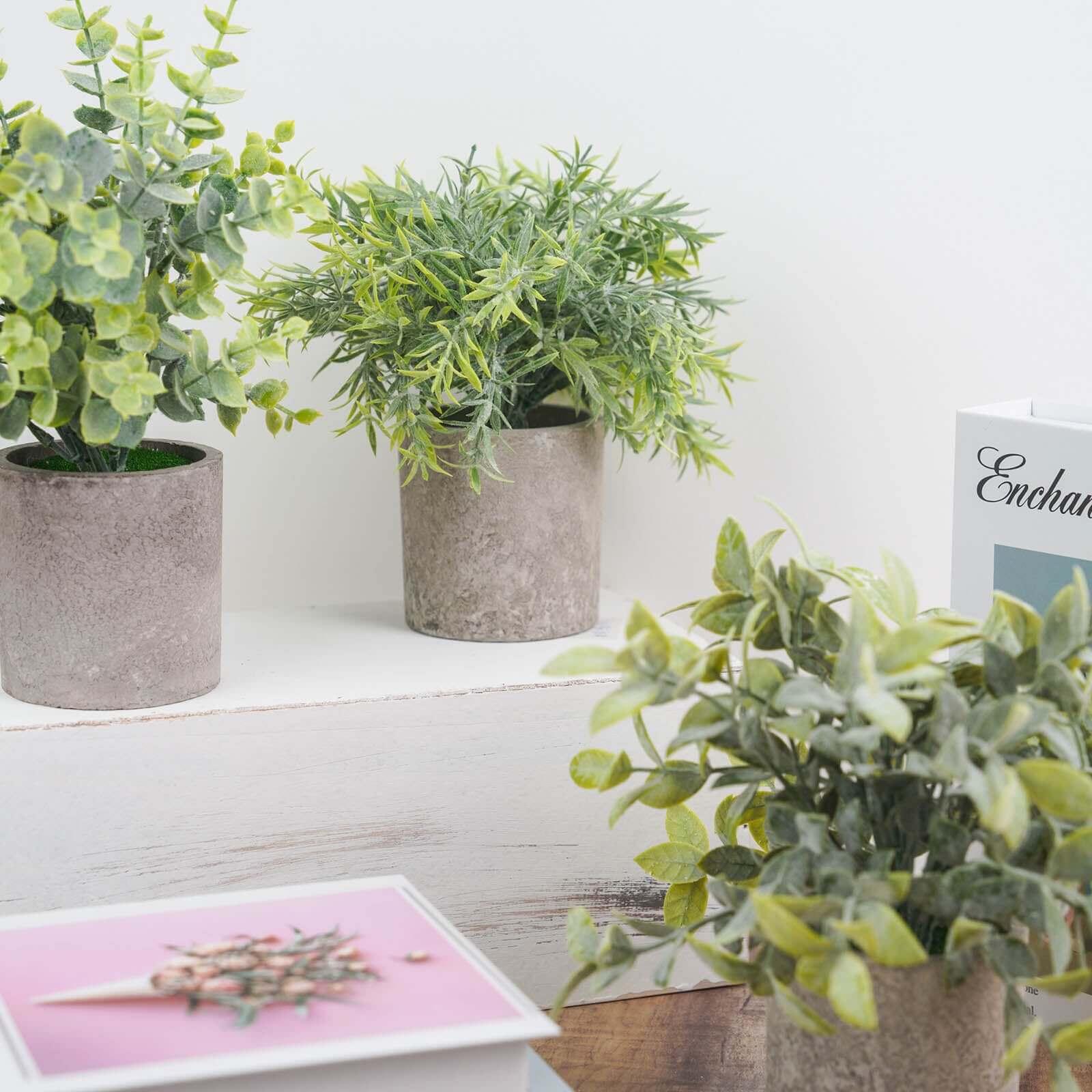 3 Plant Set Mini Potted Artificial Eucalyptus, Rosemary and Boxwood Faux Planter Collection - Small Decorative Faux Herb Garden for Desk Countertops Table Shelf Display 9"