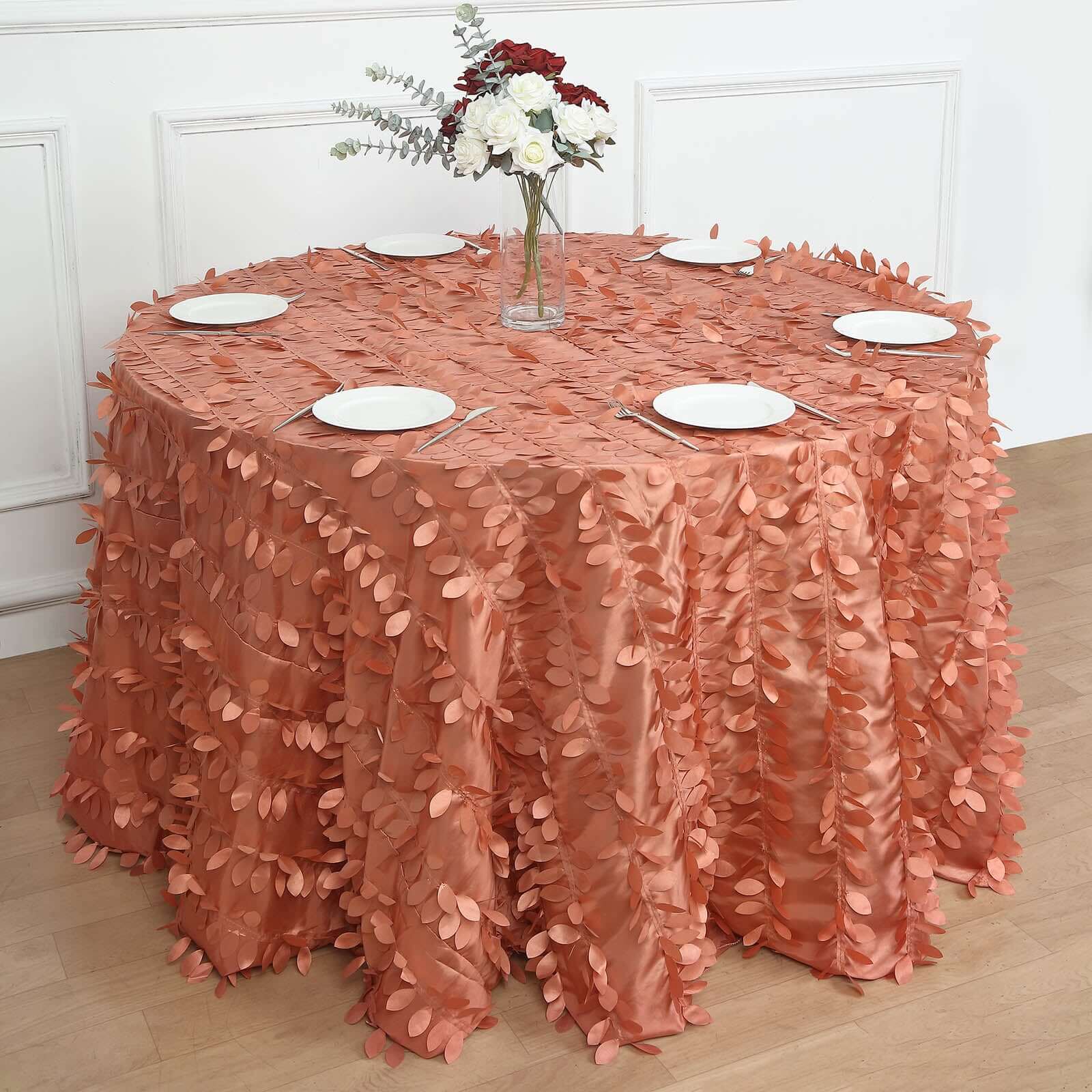 Taffeta 120" Round Tablecloth Terracotta (Rust) Leaf | 3D Leaf Petal Design Seamless Table Cover