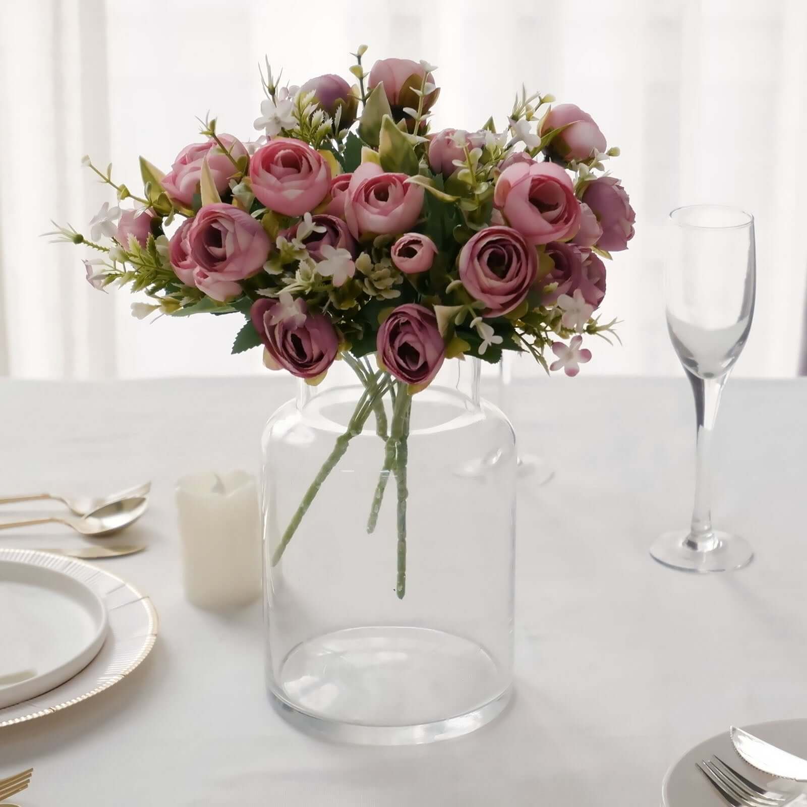4 Pack 12" Artificial Dusty Rose Ranunculus Silk Flower Bridal Bouquets, Faux Buttercup Floral Arrangement