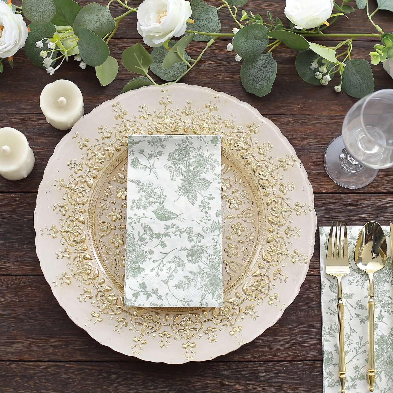 20-Pack Paper Dinner Napkins White/Sage Green with French Toile Pattern 2 Ply - Stylish Disposable Napkins for Parties