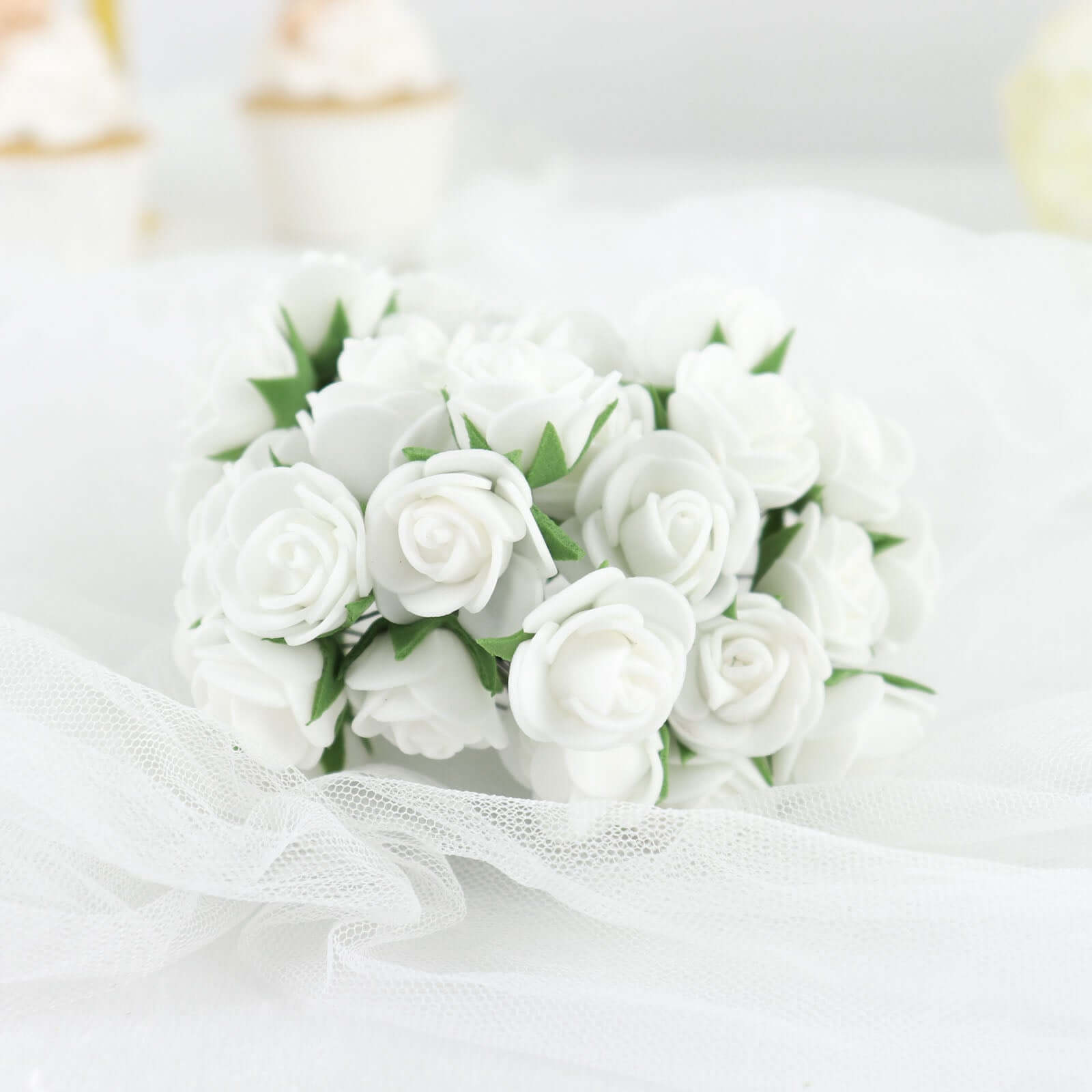 48 Roses 1" White Real Touch Artificial DIY Foam Rose Flowers With Stem, Craft Rose Buds