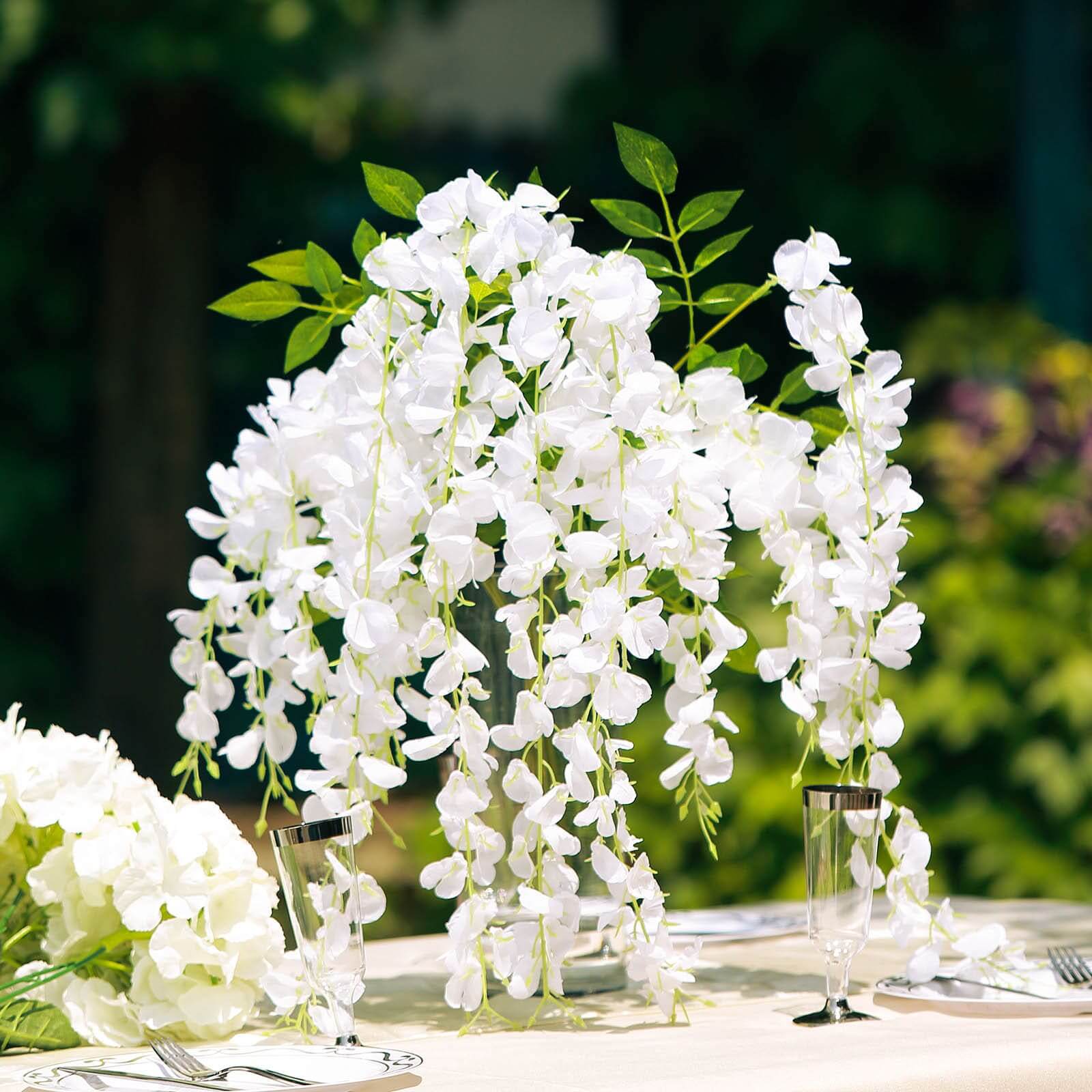5 Pack 44" Silk Hanging Wisteria Flower Garland Vines in White, 3 Strands in 1 Bush