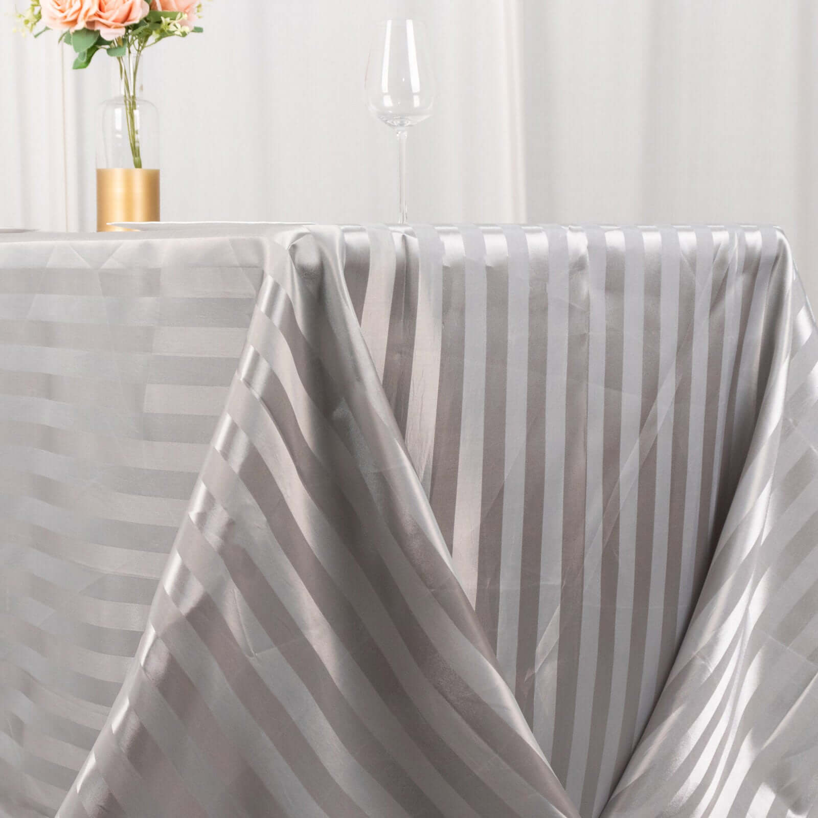 Satin Striped 90"x132" Rectangular Tablecloth Silver Satin Stripe - Seamless Silky Smooth Table Cover