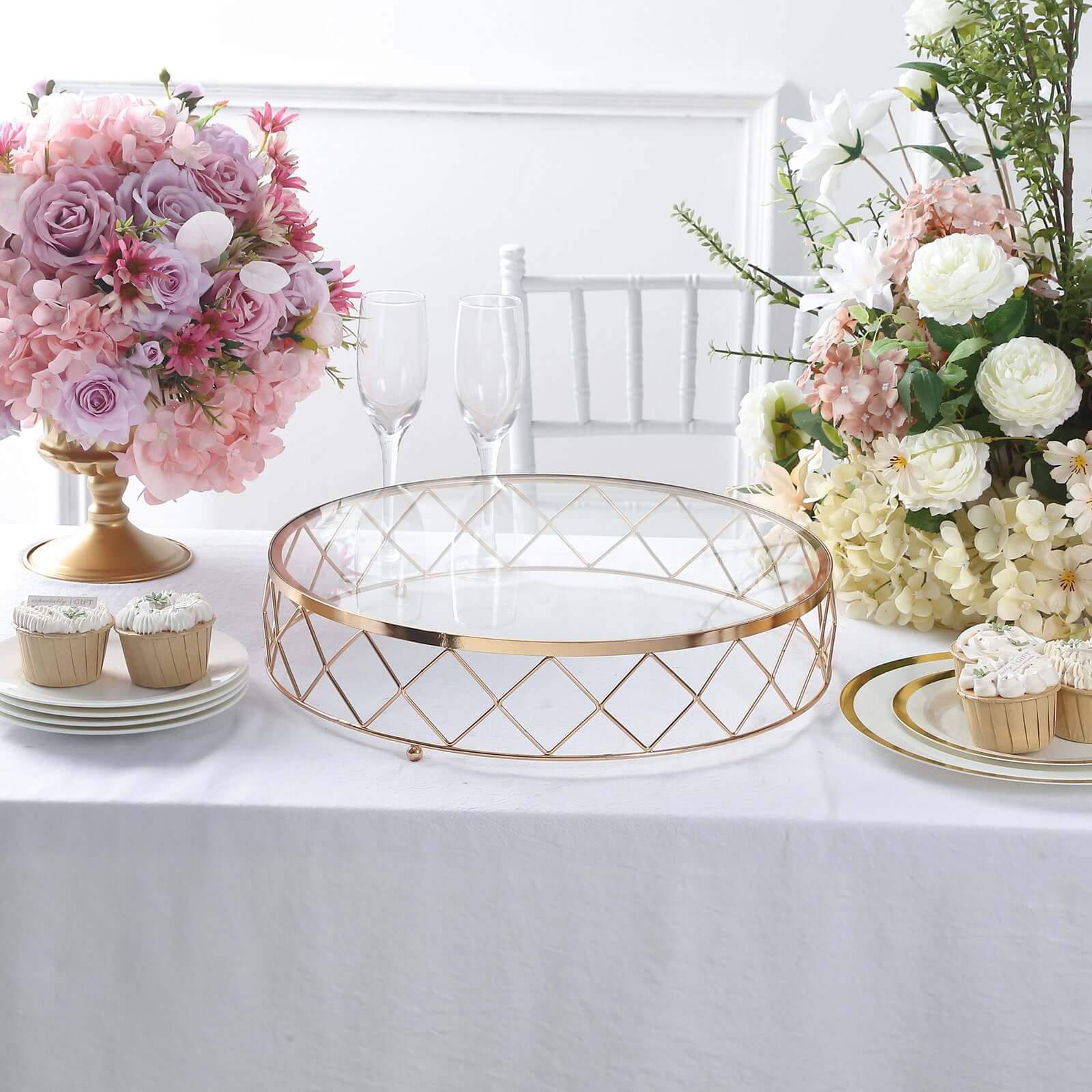 Metal Cake Stand Geometric Diamond Cut Design Gold with Glass Top - Dessert Display Riser 14"