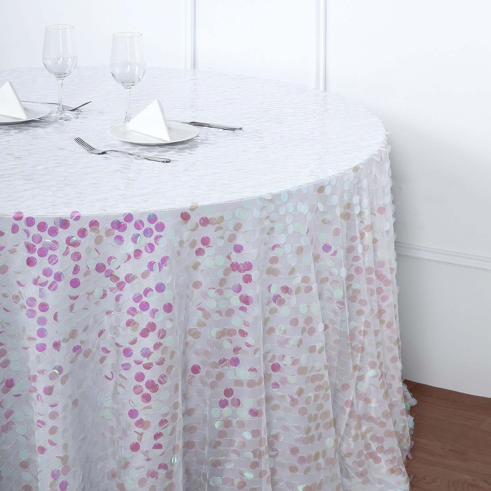 120" Iridescent Seamless Big Payette Sequin Round Tablecloth Collection for 5 Foot Table With Floor-Length Drop
