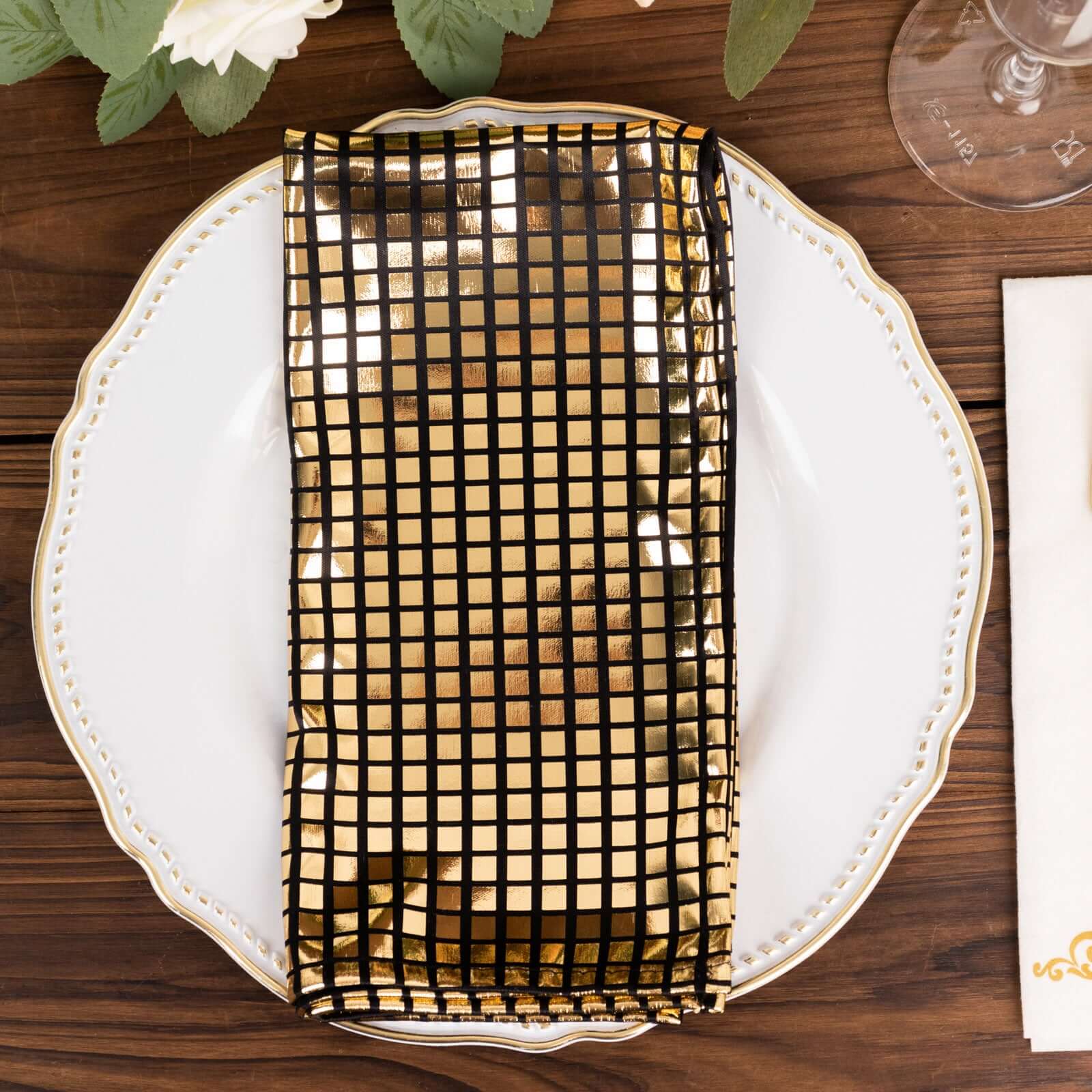 5 Pack Polyester 20"x20" Napkins Black with Refelective Gold Foil for Luxe Events & Retro Themes