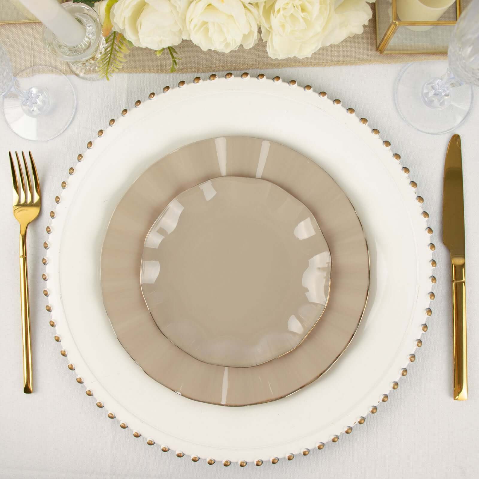 10-Pack Plastic Round 6" Dessert Plates in Taupe Ruffled Rim with Gold Edging - Sturdy Disposable Salad Appetizer Dinnerware
