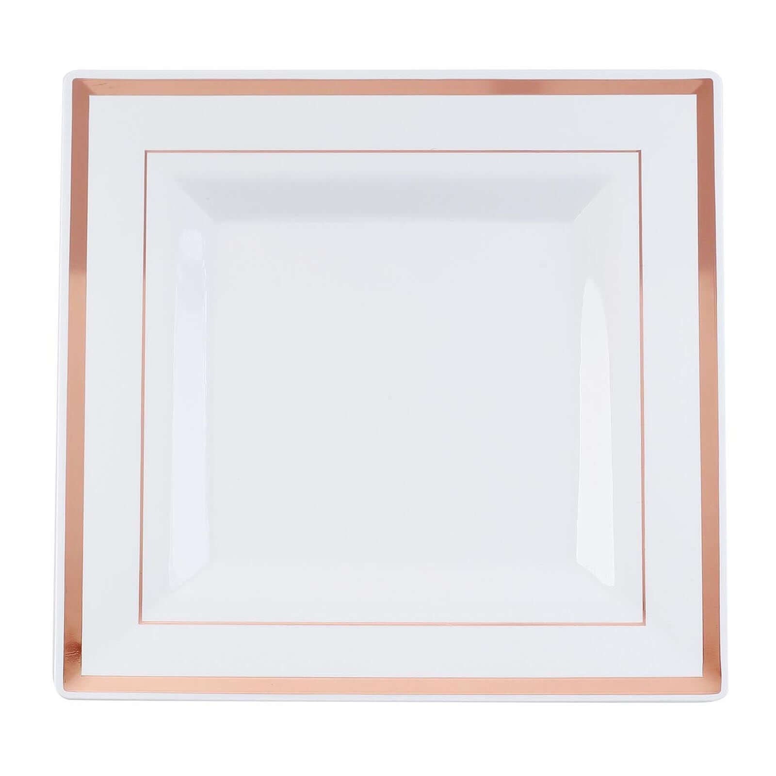 10-Pack Plastic Dinner Plates White Square with Rose Gold Trim - Lightweight Disposable Plates for Events 10"