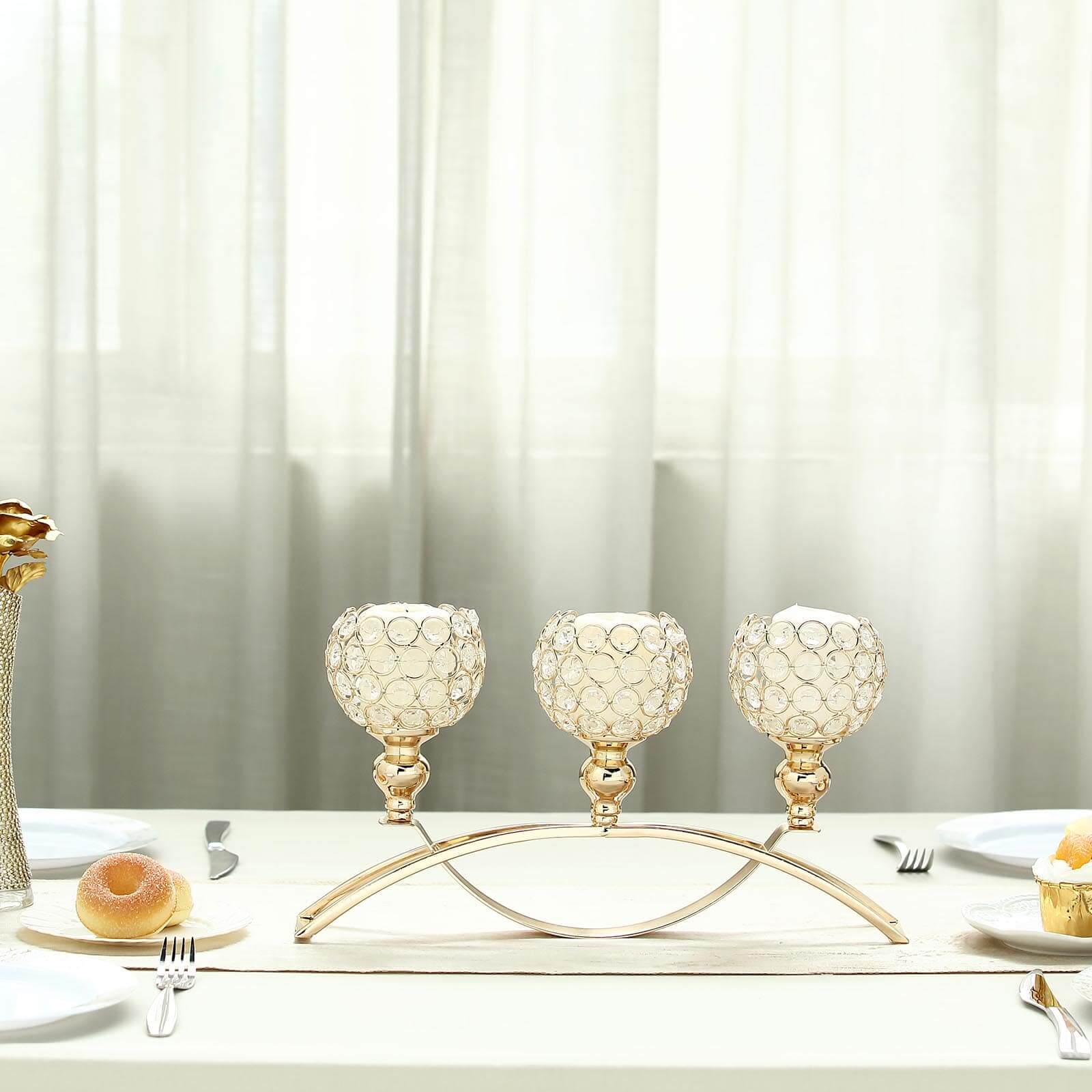 3-Arm Arch Bridge Candelabra Gold with Crystal Beads - Chic Table Centerpiece for Events 16"
