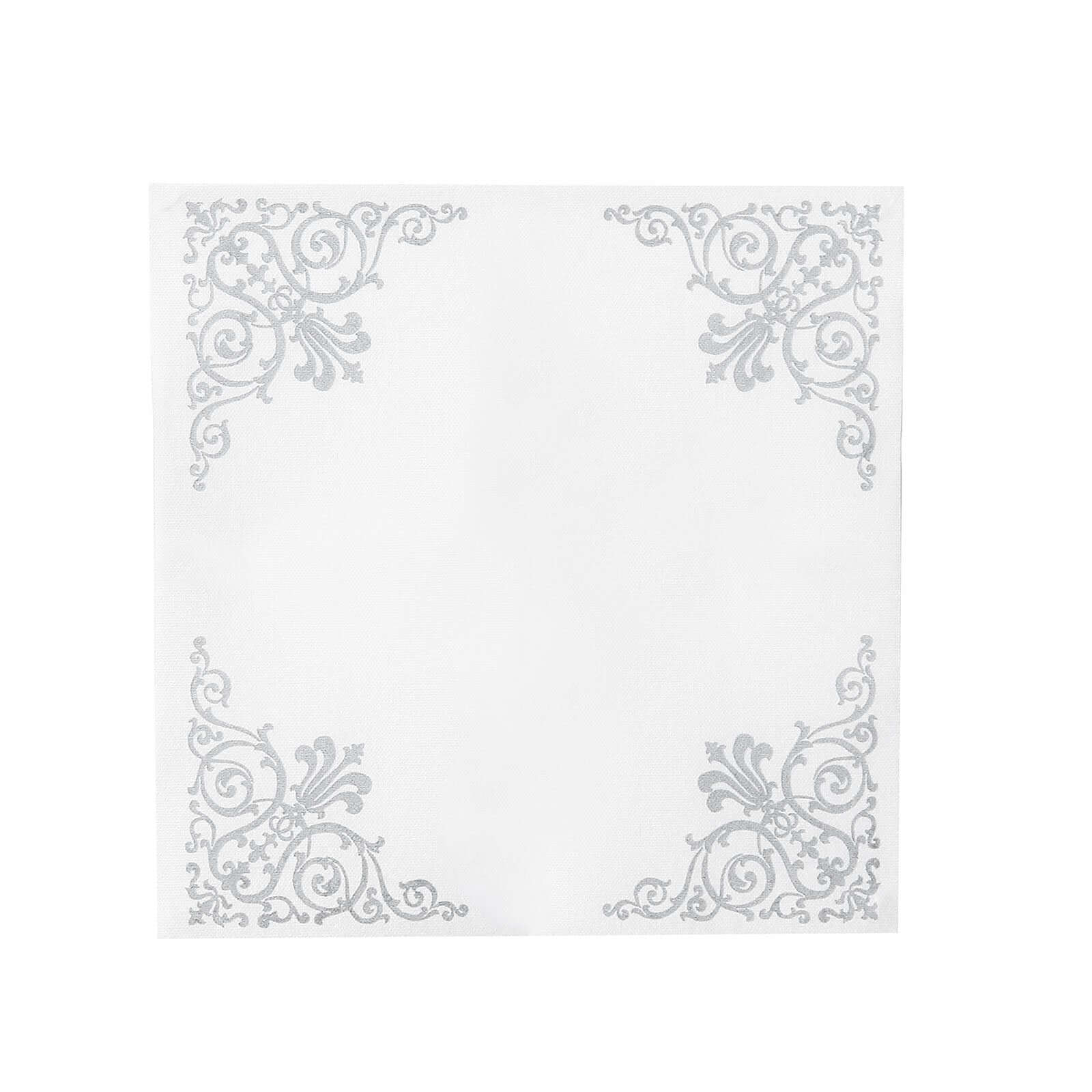 20 Pack Linen-Like Paper 5"x5" Napkins White - Silver Fleur Vintage Design - Classy Airlaid Cocktail Napkins for Events