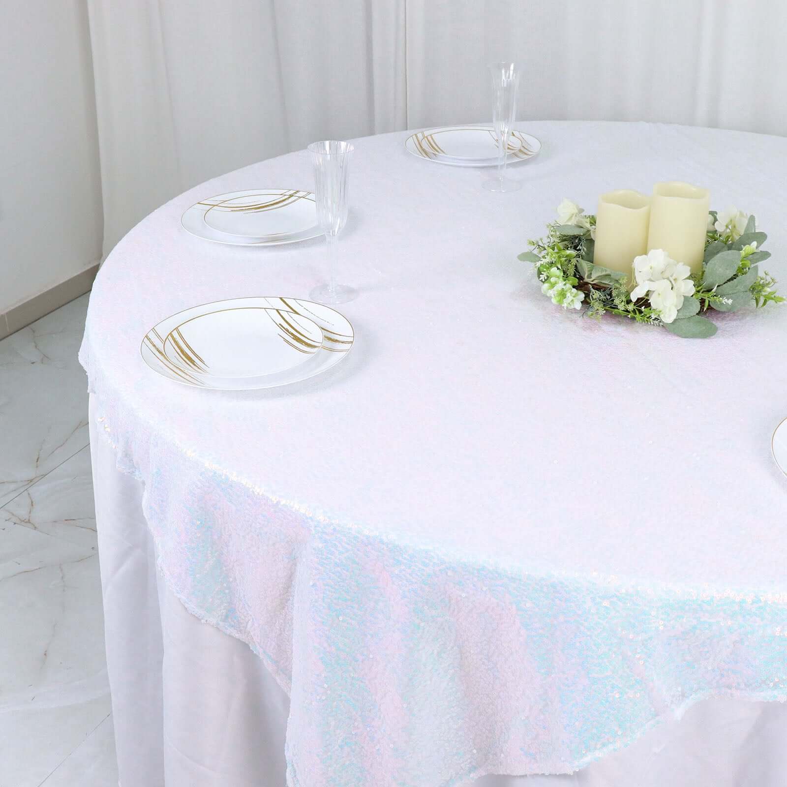 Sequin 60"x60" Table Overlay Square Tablecloth Irisdescent Blue - Luxe Wedding Table Topper