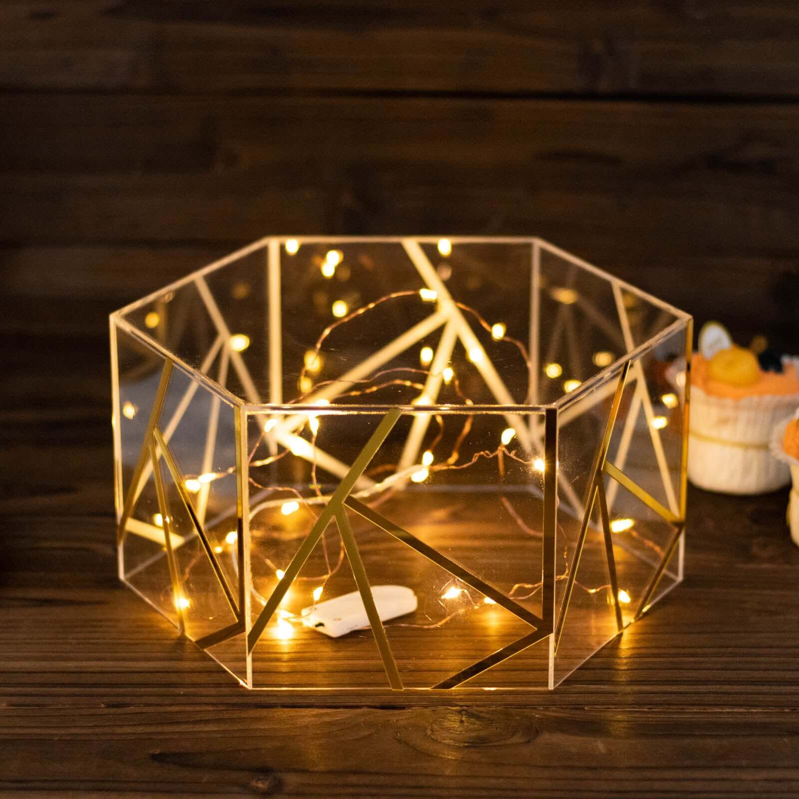 Acrylic Cake Stand Pedestal Riser Box Hexagonal Design Clear and Gold 10"x5" - Decorative Event Display