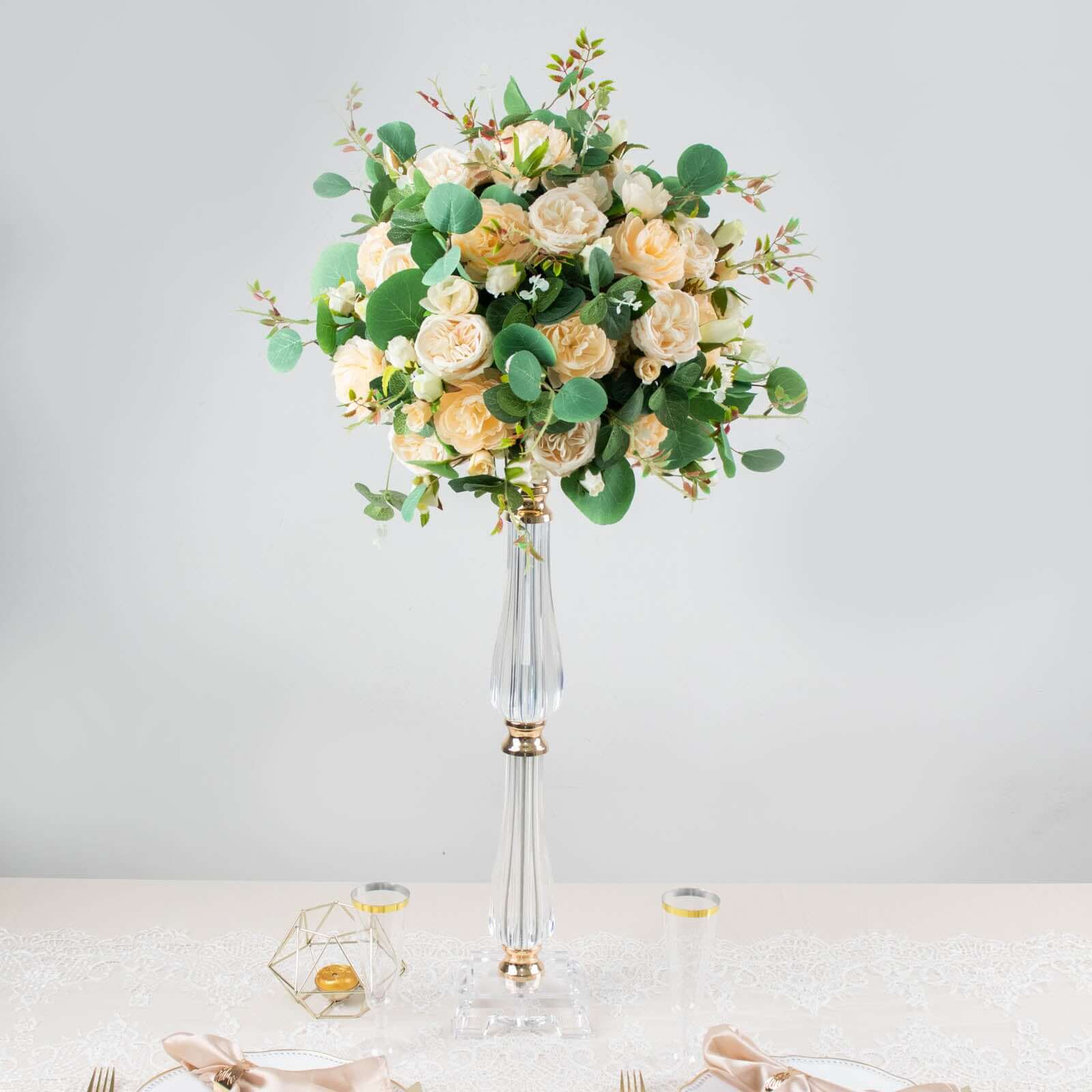 Acrylic Crystal Pillar Candle Stand Gold/Clear - Table Centerpiece and Wedding Flower Bowl Pedestal 24"