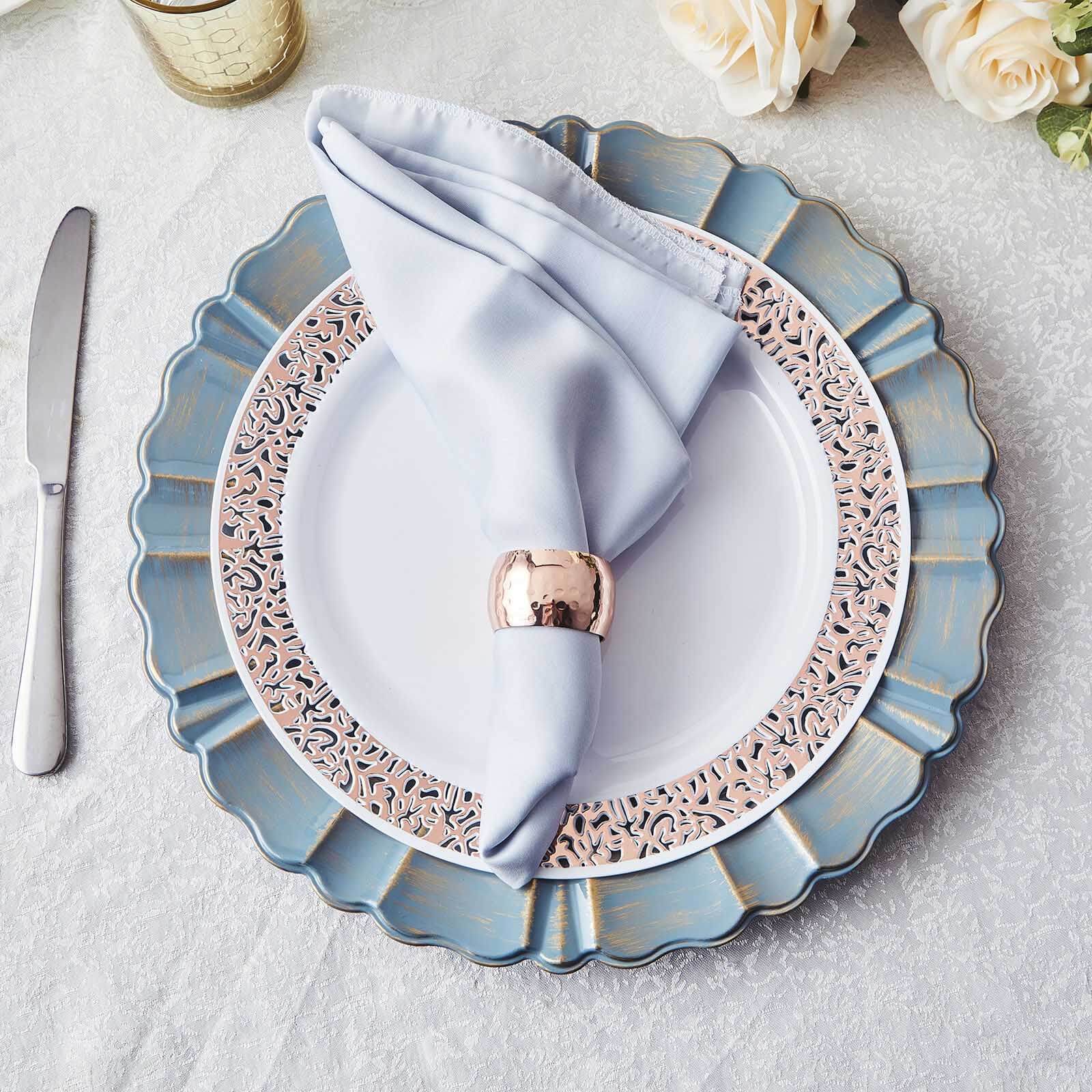 6-Pack Acrylic Plastic Round Charger Plates 13" in Dusty Blue with Gold Brushed Wavy Scalloped Rim, Decorative Dinner Party Charger Tableware