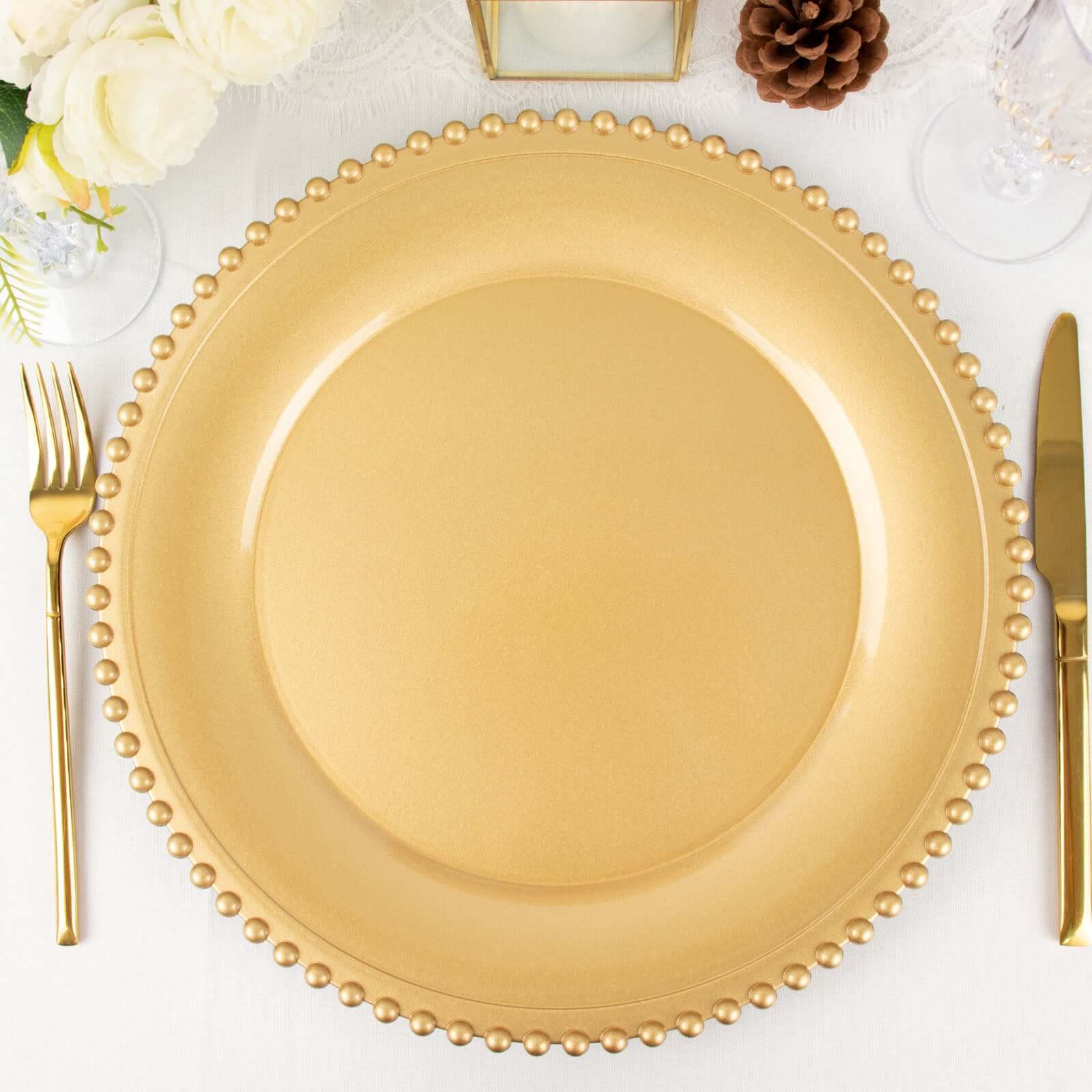 6-Pack Acrylic Round Charger Plates 13" in Gold with Beaded Rim, Decorative Dinner Party Charger Tableware