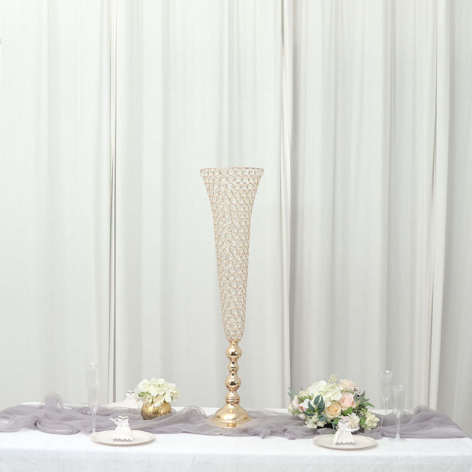 2-Pack Crystal Beaded Trumpet Vase Set Gold - Table Centerpiece for Grand Occasions 40"