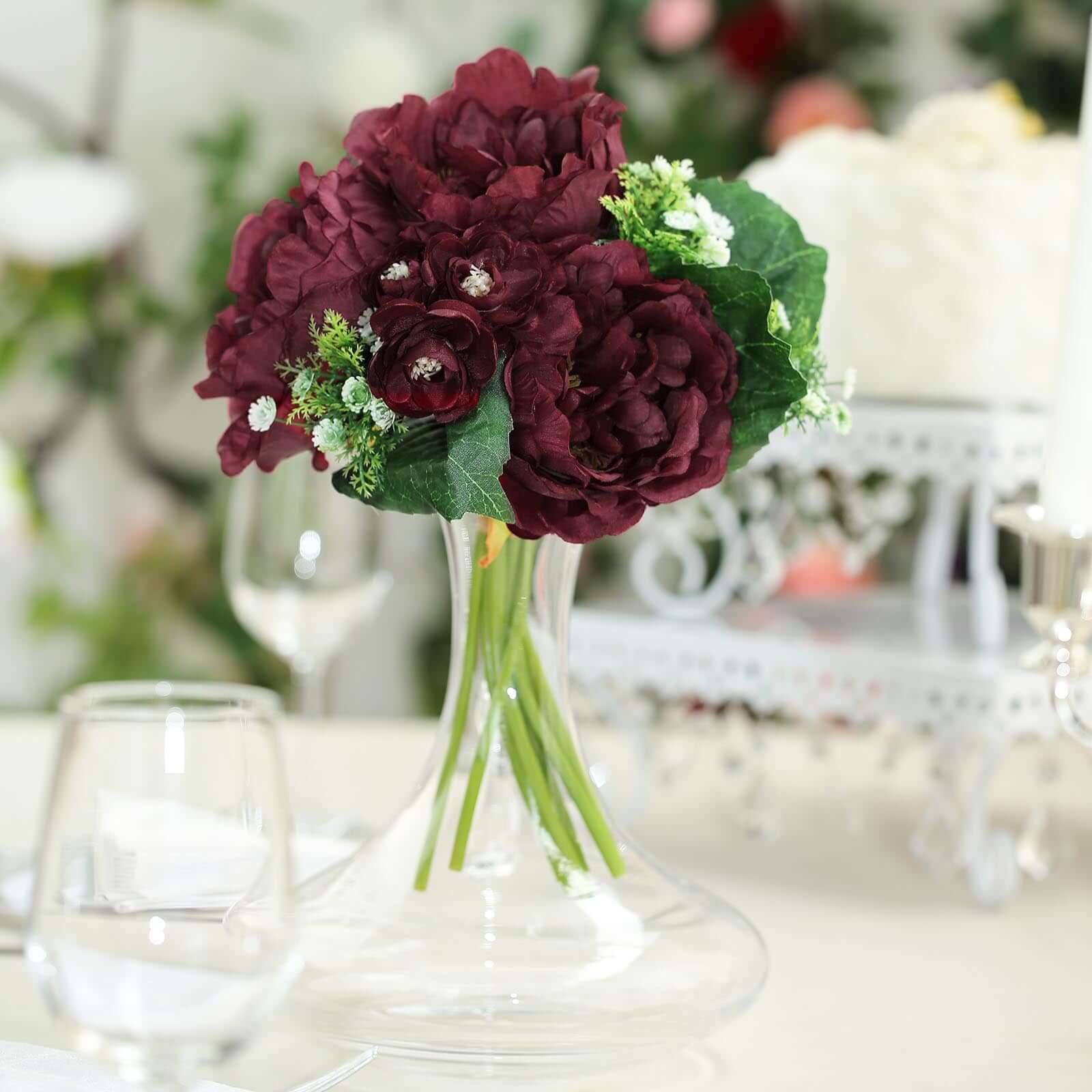 12" Burgundy Artificial Silk Peonies Bouquet, Faux Peony Spray Bush
