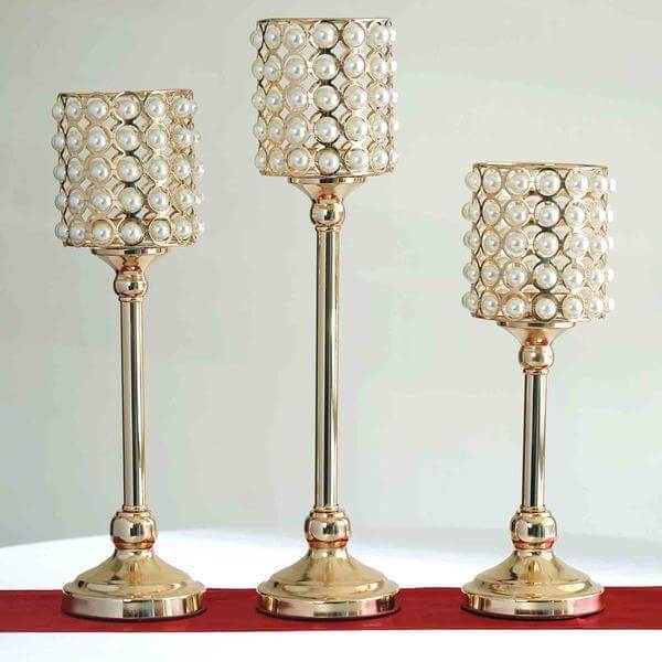 Set of 3 Votive Candle Holders White Pearl Beaded - Gold Sophisticated Small Pillar Stands 12", 14", 16"