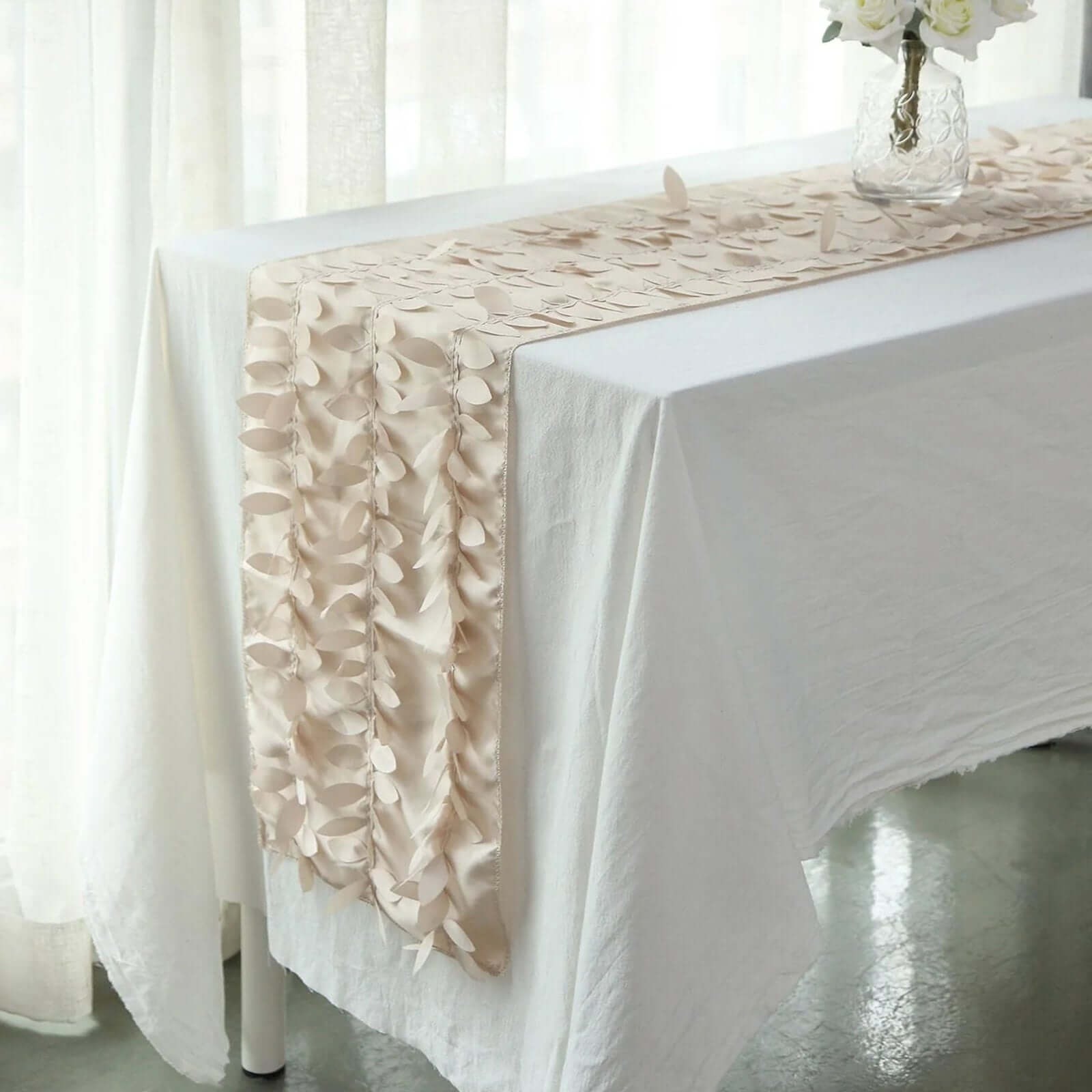Taffeta Fabric 12"x108" Table Runner Beige - 3D Leaf Petal Design